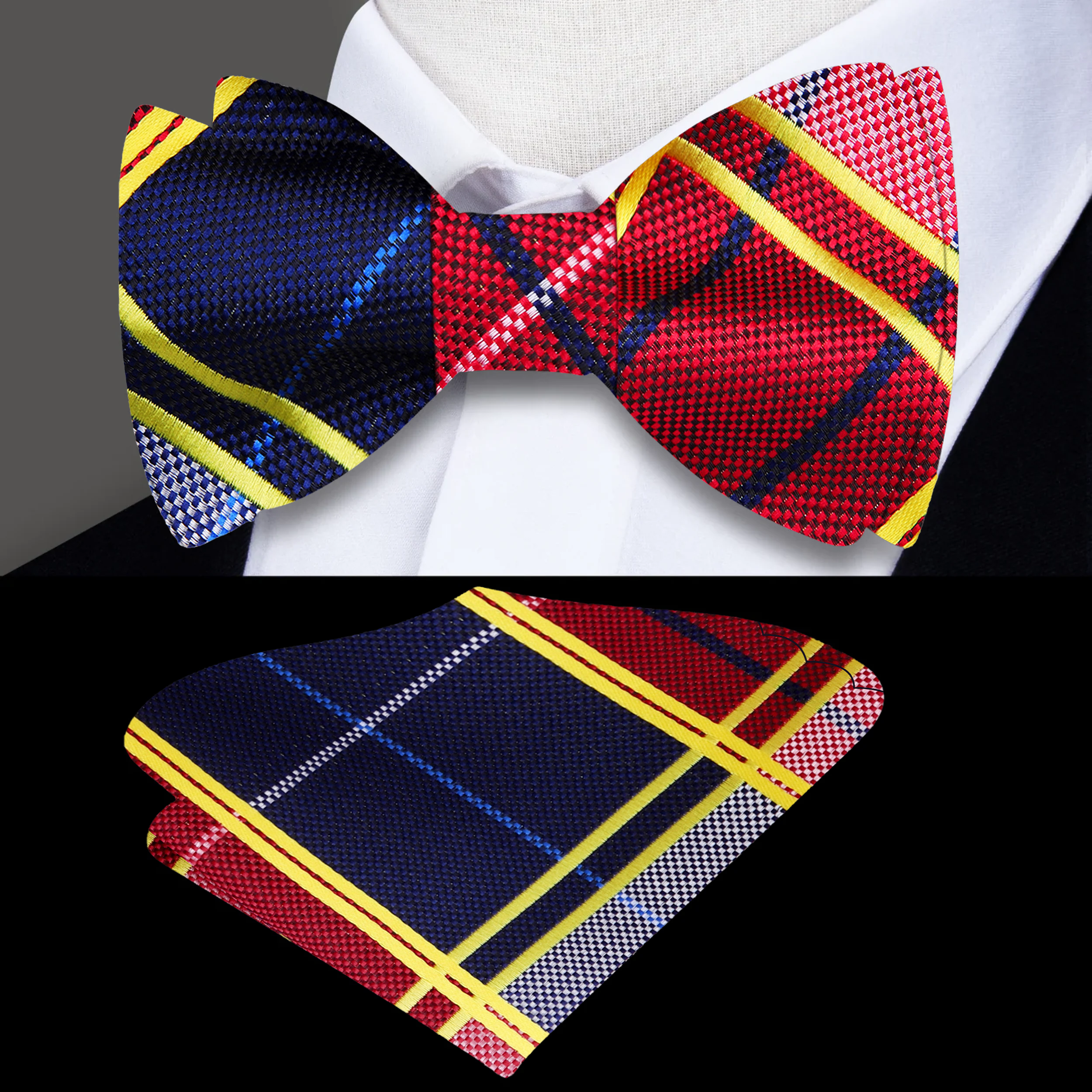 Close-up of Warrenton plaid bow tie showing colorful pattern