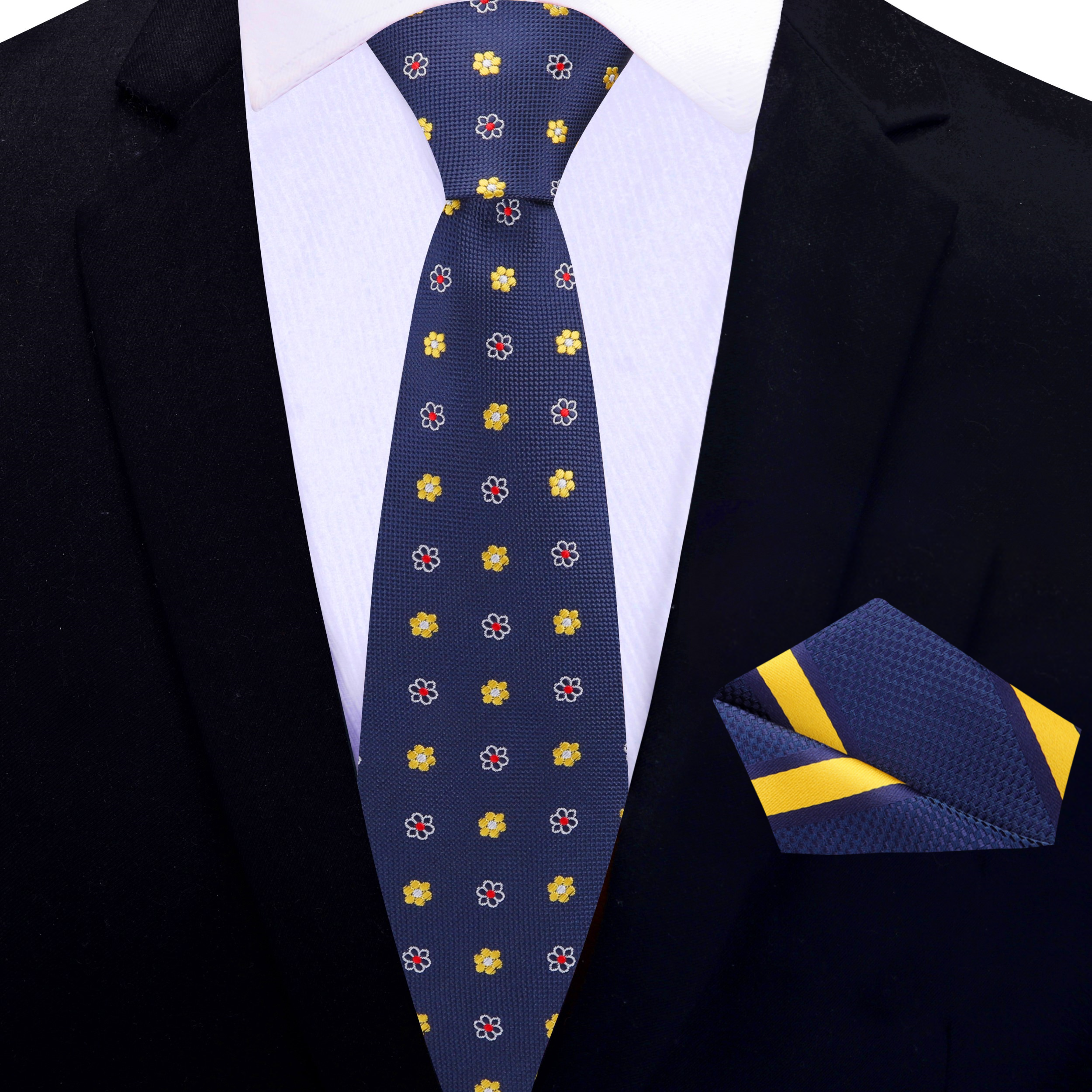 The Blue Floral Necktie with Pocket Square Set displayed alongside a light grey suit for a stylish ensemble.