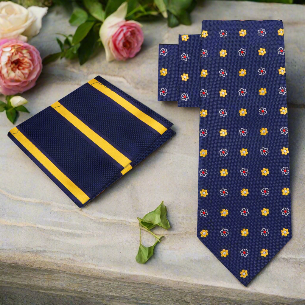 Close-up of the Elegant Blue Floral Silk Necktie Set showcasing the delicate flower pattern.