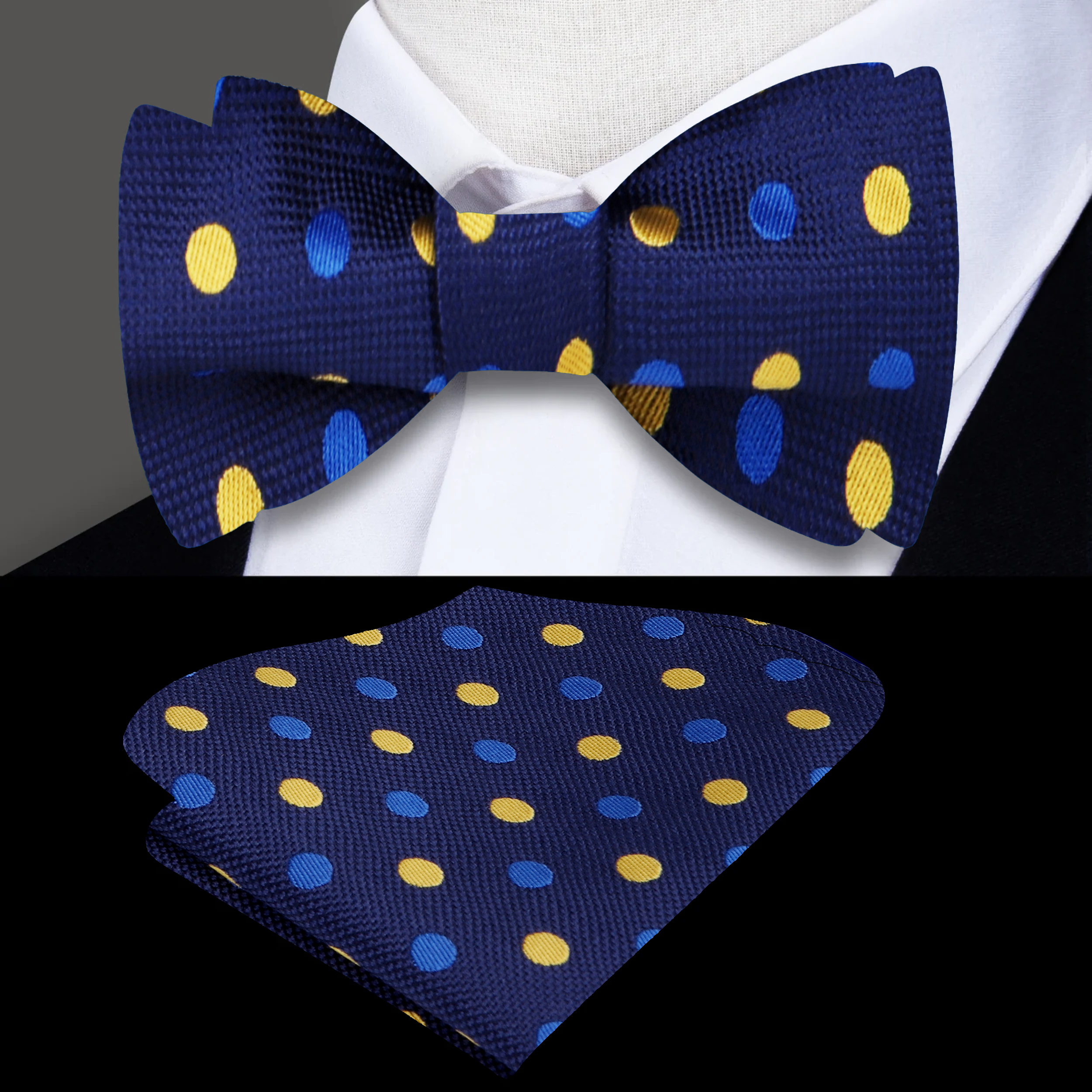 Model wearing the luxury silk bow tie with a crisp white dress shirt at a wedding.