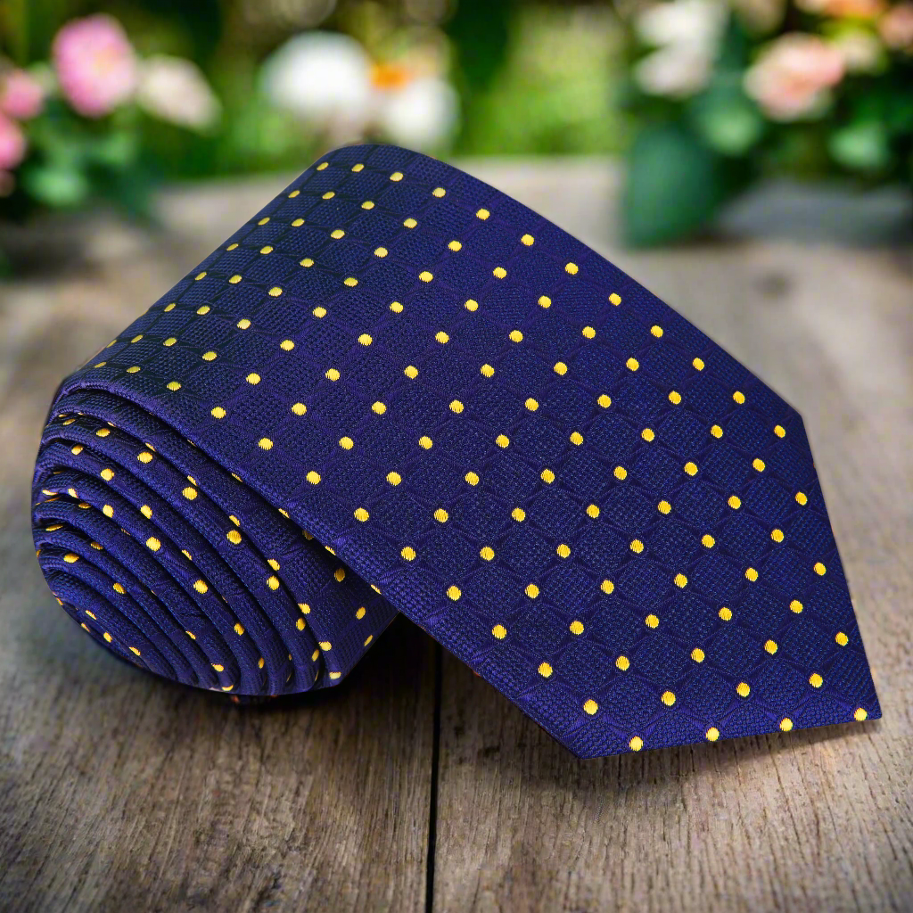 Elegant dark blue silk tie with yellow dots, suitable for weddings and formal events
