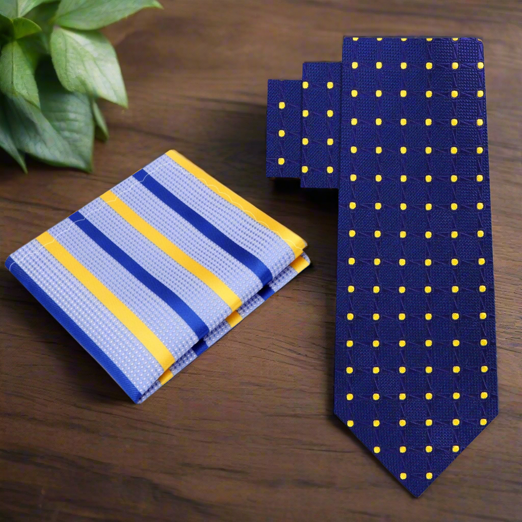 Elegant dark blue silk tie with yellow dots, suitable for weddings and formal events