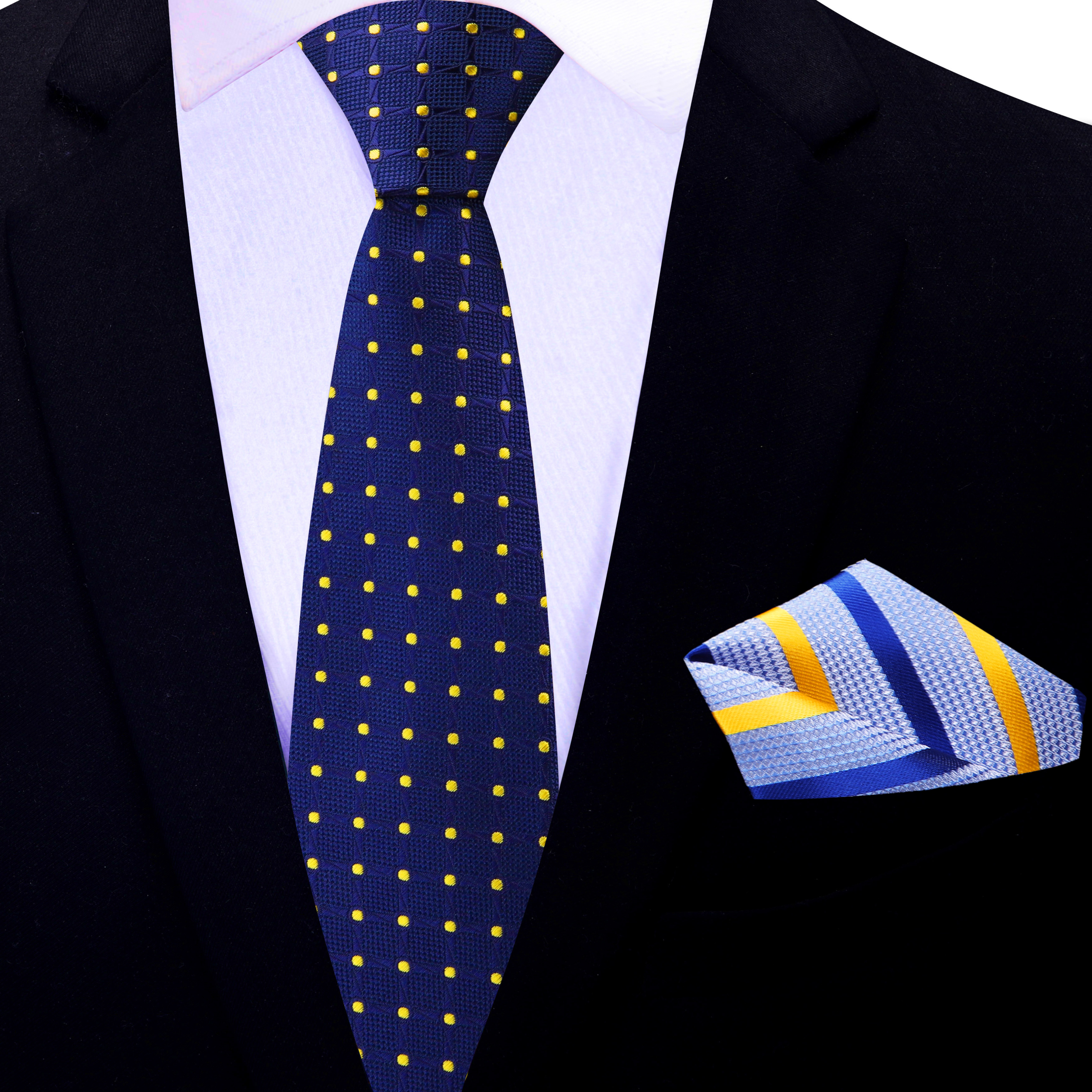 Close-up of the geometric yellow dot pattern on a navy silk tie for dressy occasions