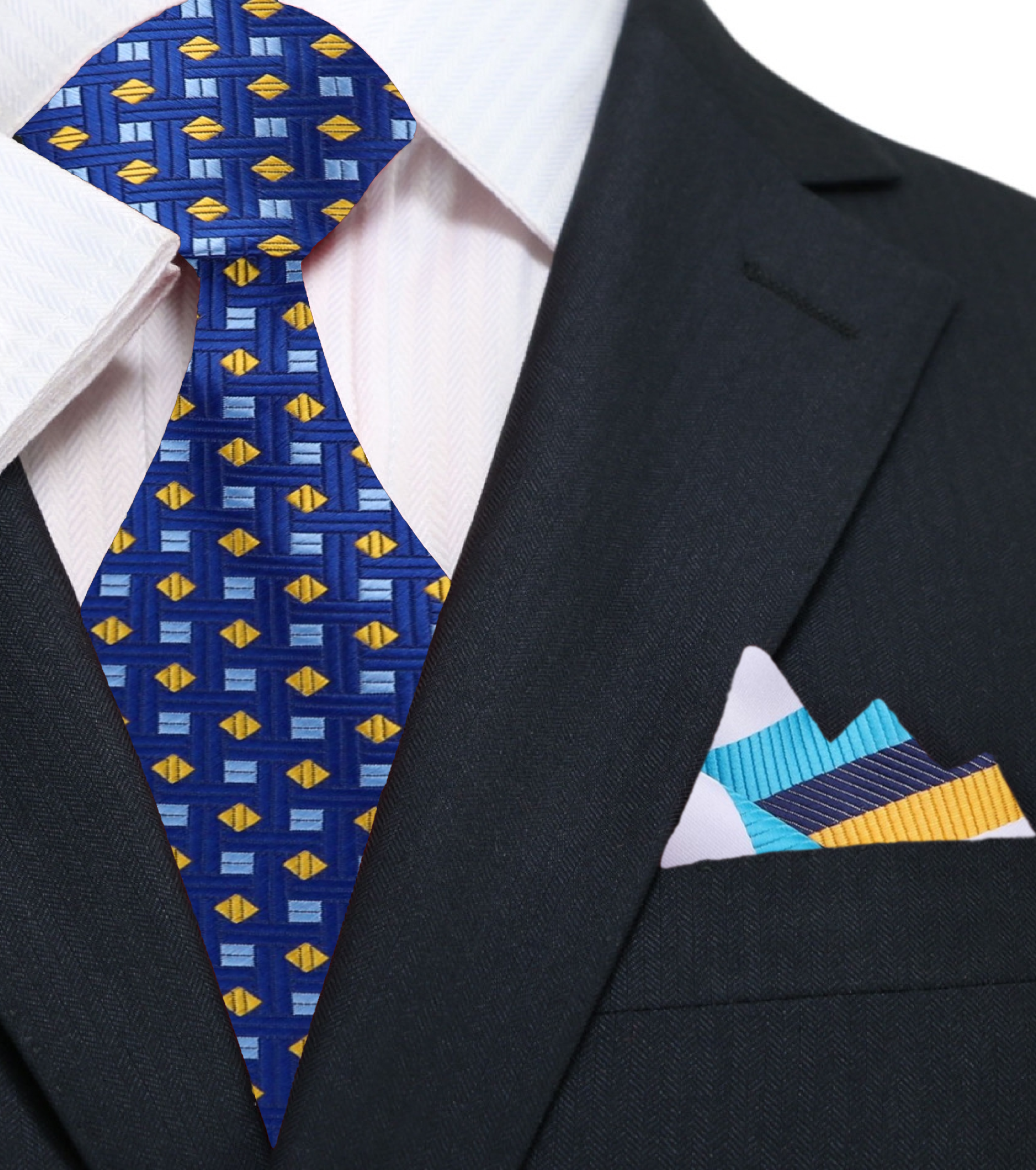 Close-up view of the neckties geometric design, showcasing the intricate light blue and yellow shapes.