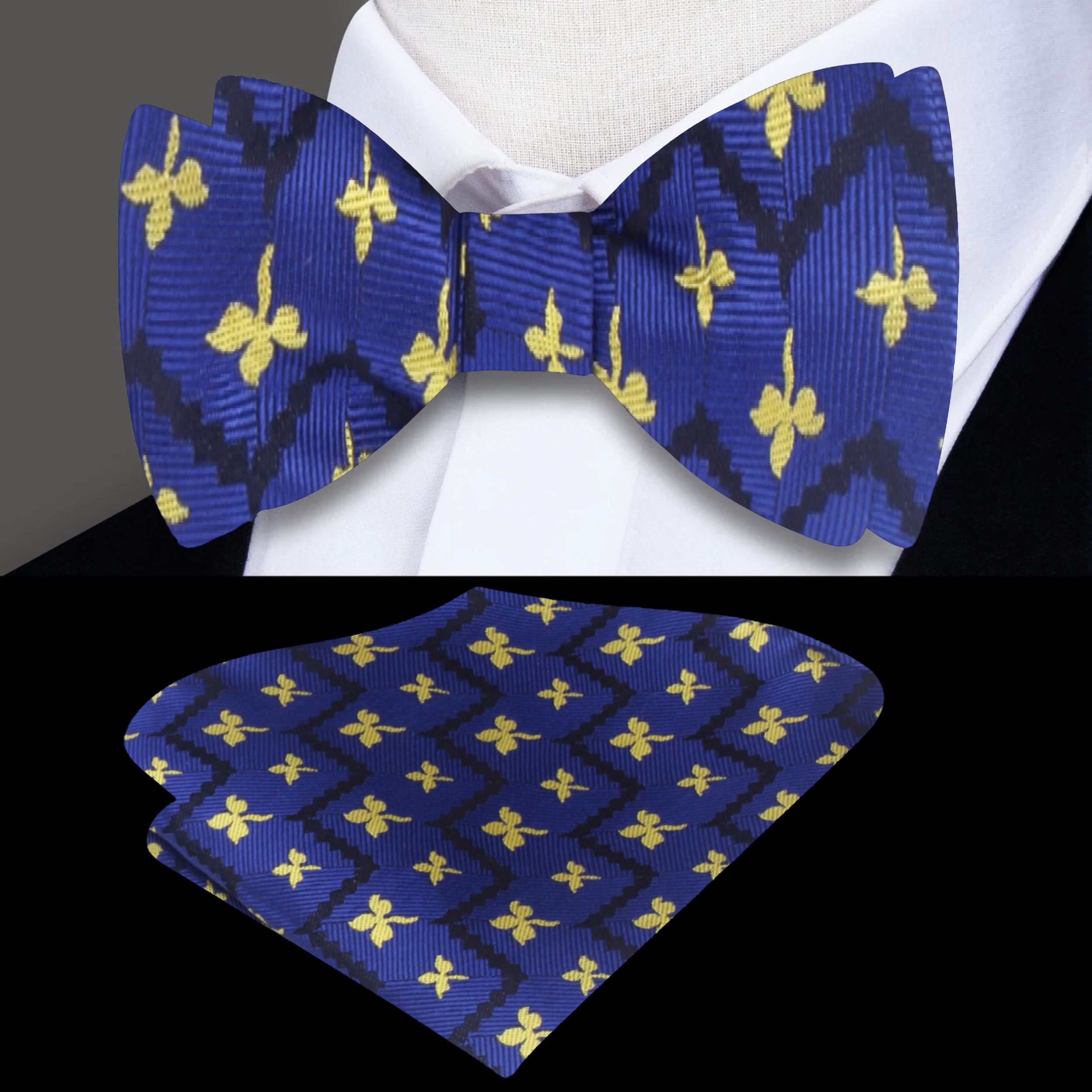 Men wearing the blue and yellow bow tie at a wedding, emphasizing its stylish appeal.