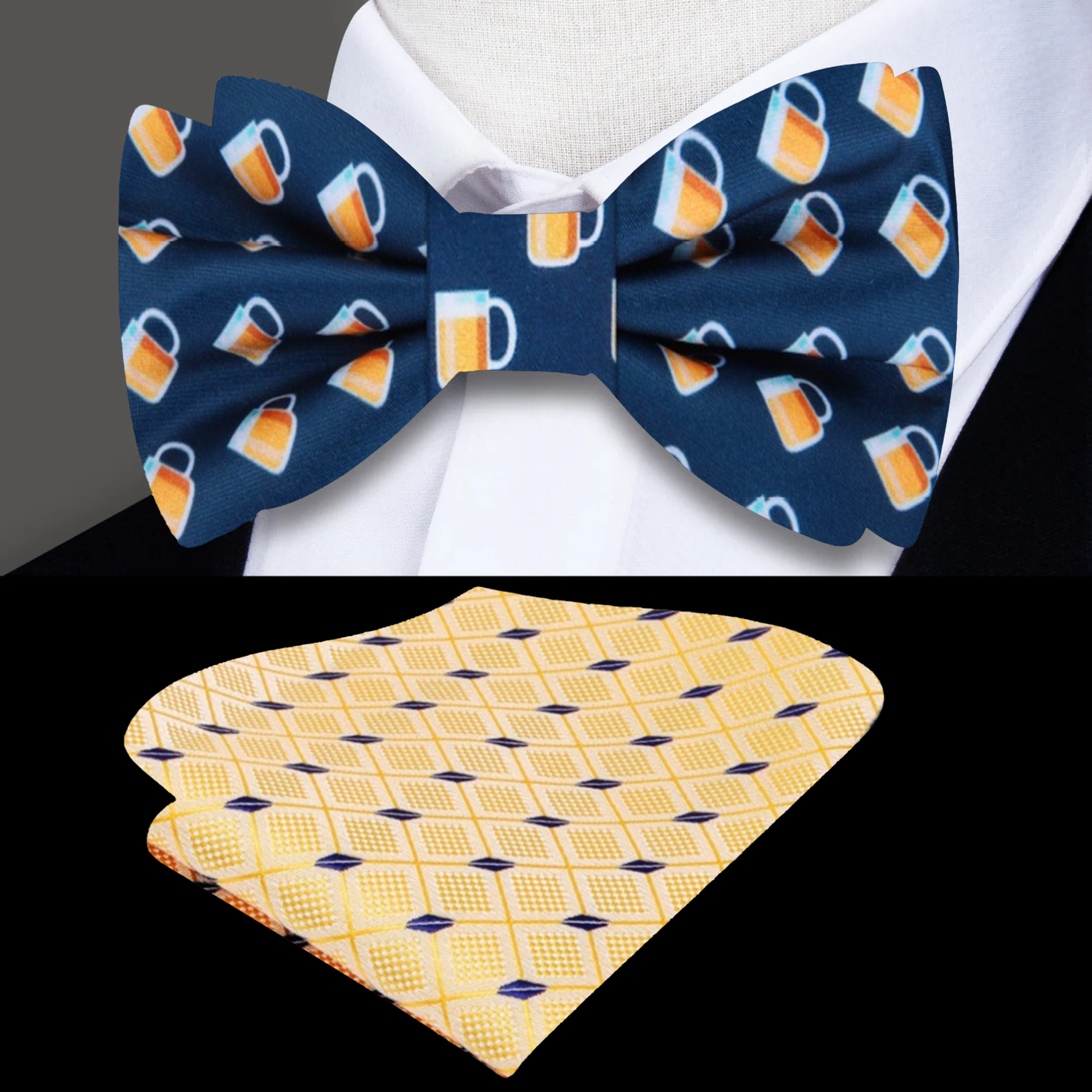 Close-up of a dark blue beer mug patterned bow tie, perfect for Oktoberfest
