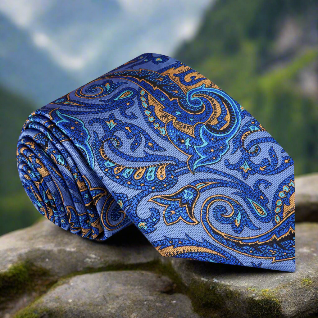 Close-up of vibrant paisley silk necktie in bright colors