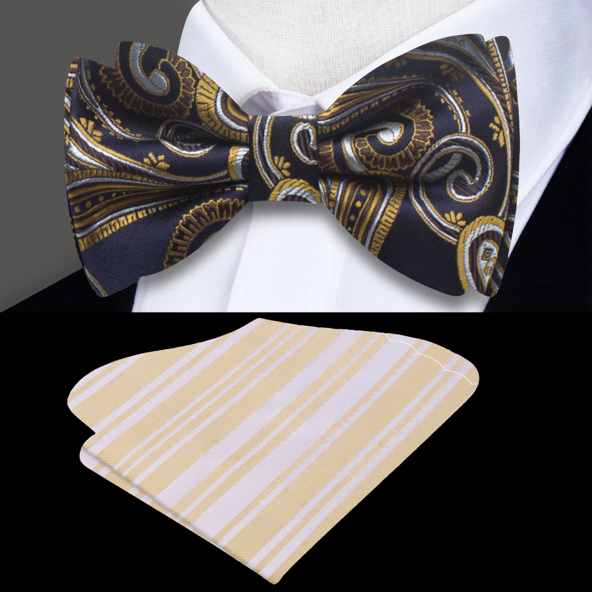 Close-up of the dark blue paisley bow tie showcasing intricate gold patterns.