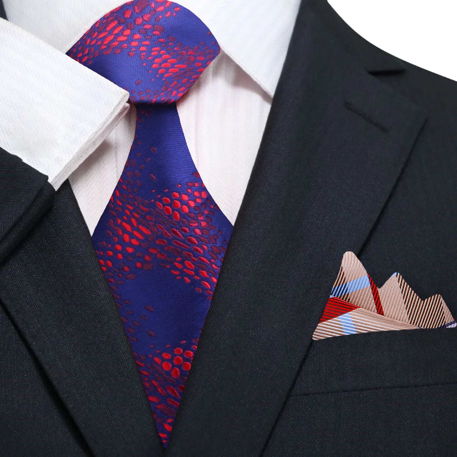 Mens tie styled with navy suit and white shirt, showcasing geometric elegance