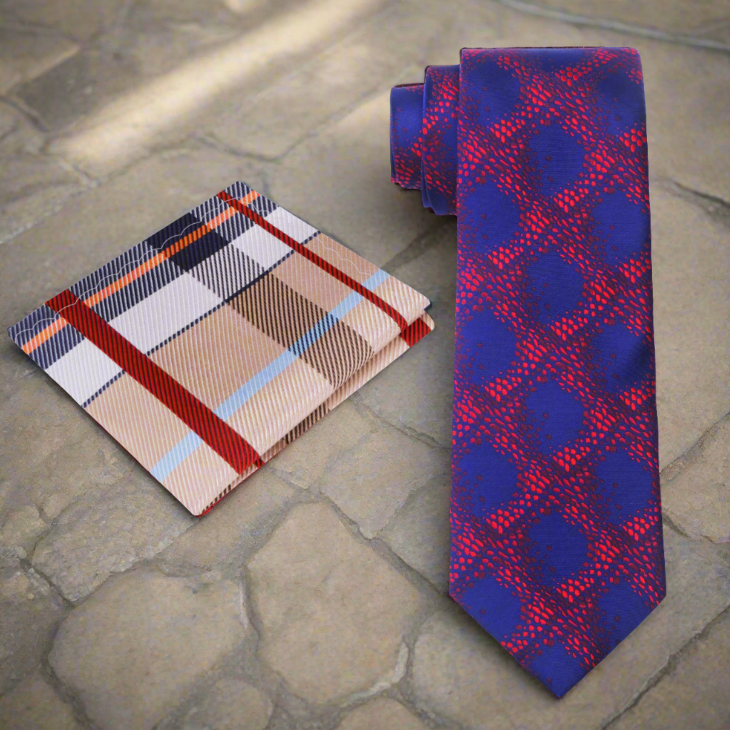 Silk necktie paired with matching pocket square, perfect for weddings or upscale events