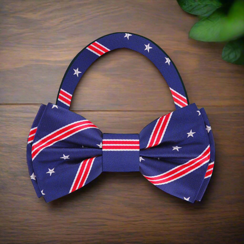 Wearing an American flag accessories bow tie at a patriotic event