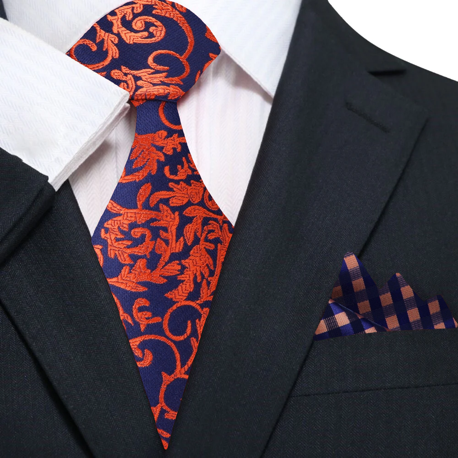 Elegant necktie with orange vine design, showcasing sophisticated style.