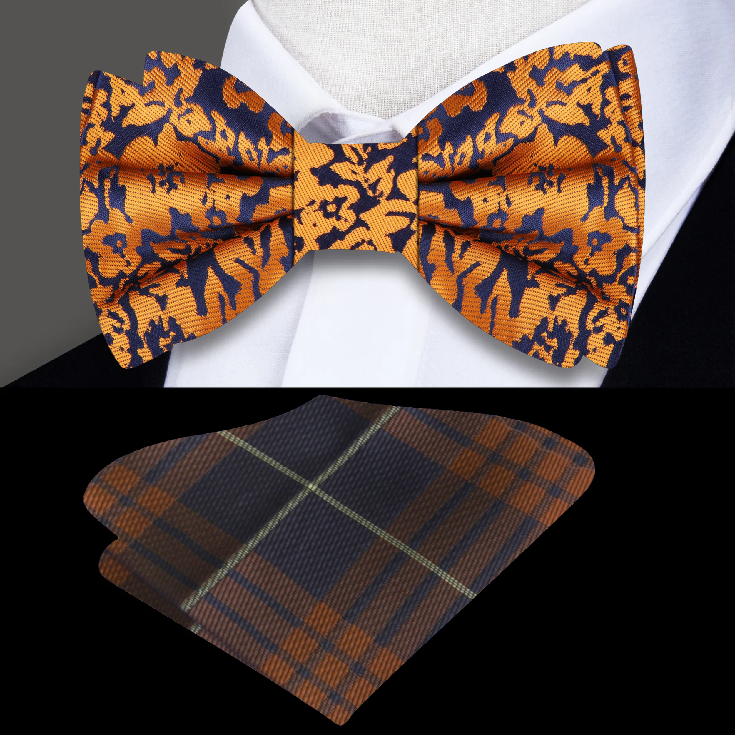 Artistic Floral Elegance Bow Tie showcasing its deep blue and vibrant orange floral design, ideal for weddings.