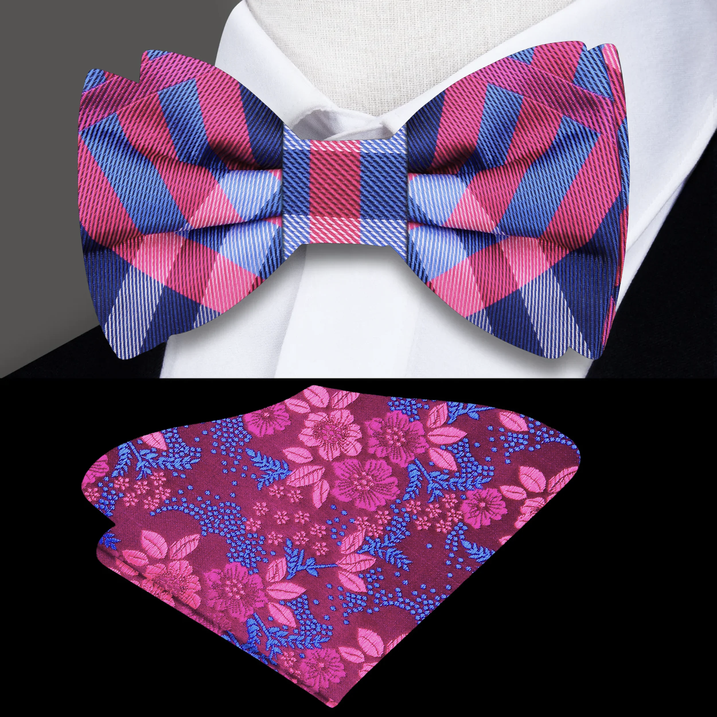 Close-up of a silk plaid bow tie showcasing its elegant pattern and texture.