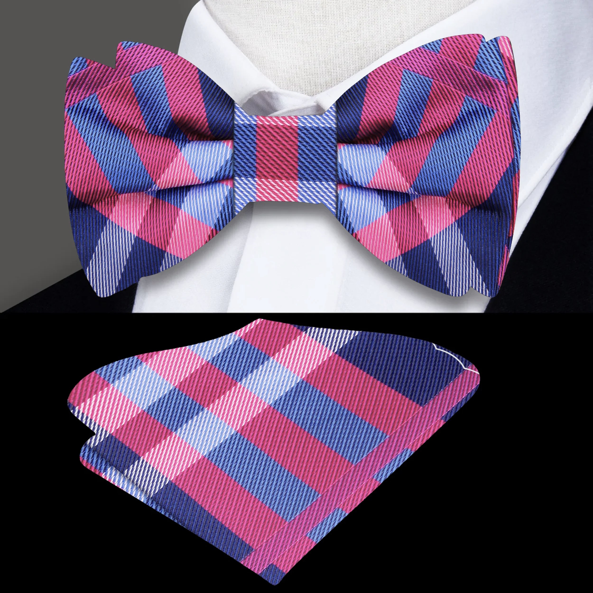 Dark blue plaid bow tie on a white dress shirt, perfect for formal events.