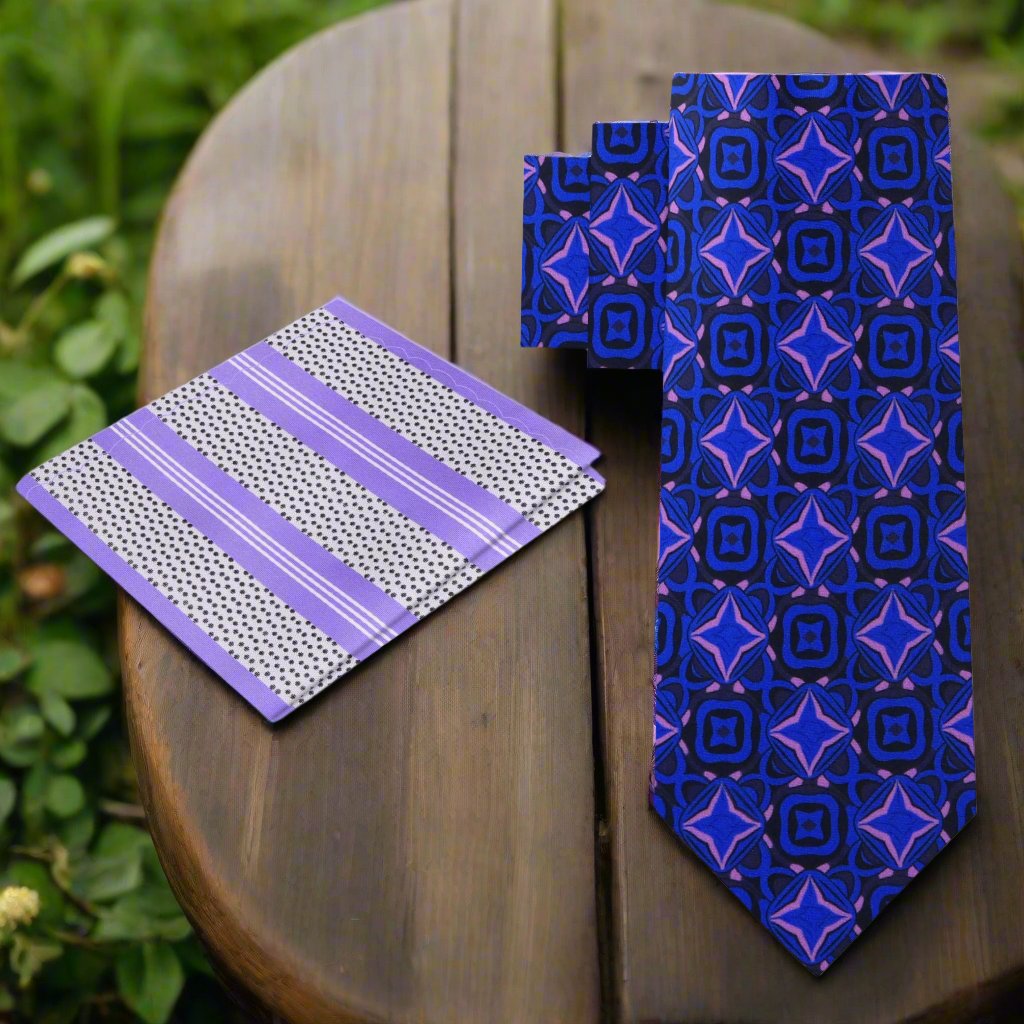 Close-up of silk tie showing medallion pattern in black, purple, and blue — ideal for formal wear.