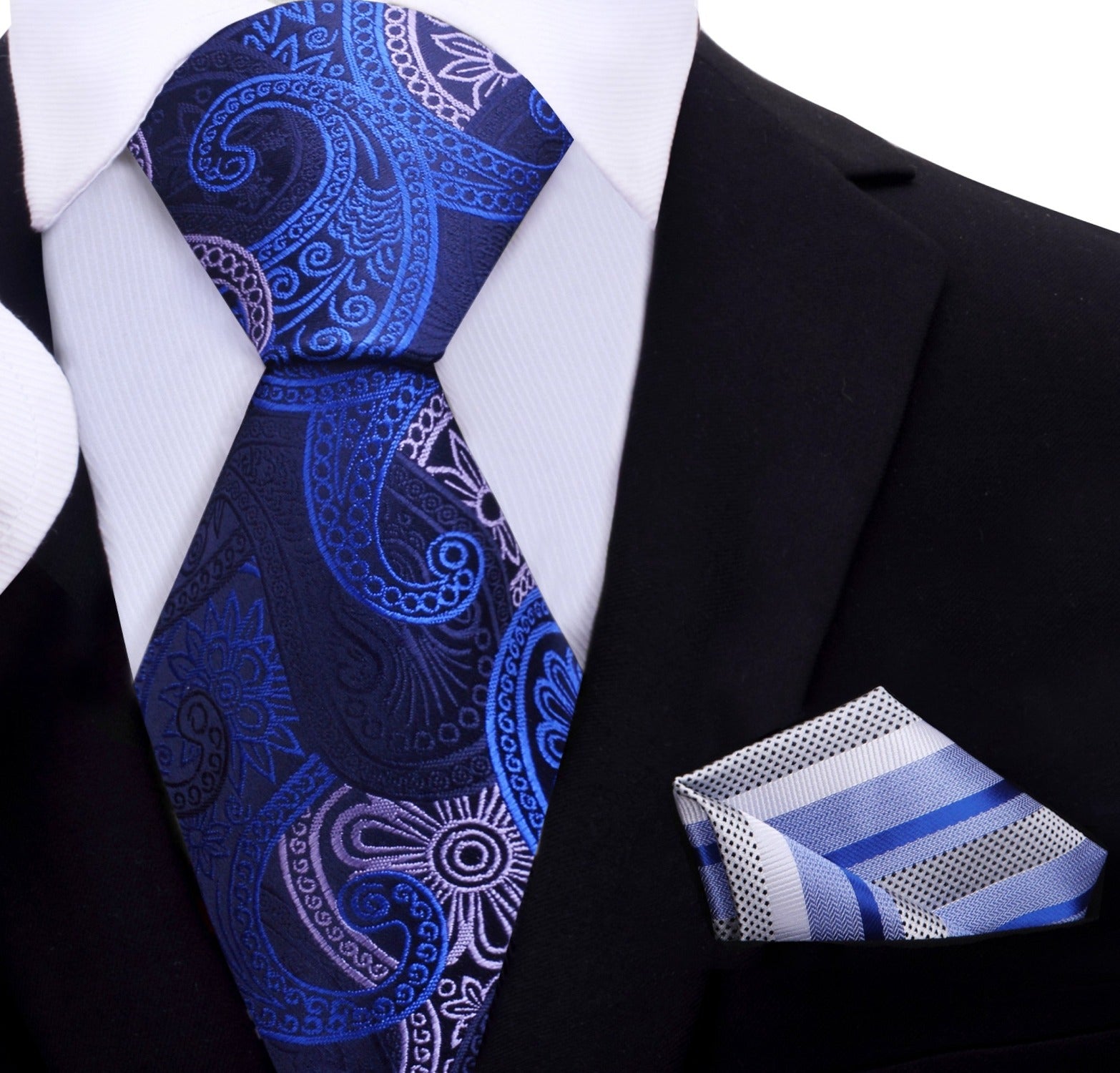 Sophisticated blue paisley necktie displayed with a matching pocket square, showcasing elegant styling.