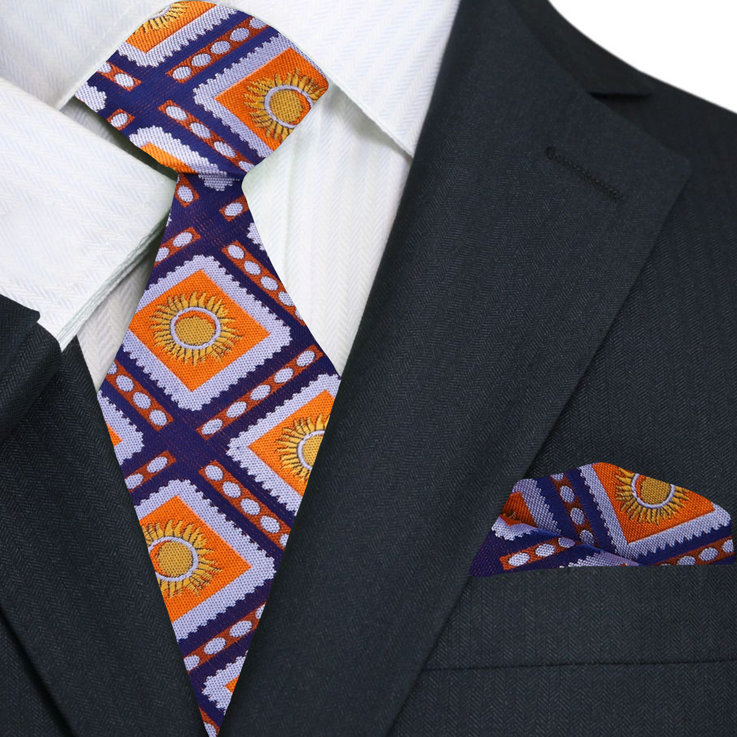 Close-up of vibrant geometric silk necktie with sunburst pattern in orange and blue