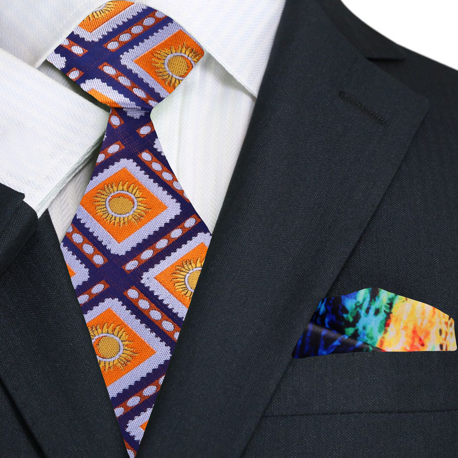 Man wearing stylish necktie for networking events with navy suit