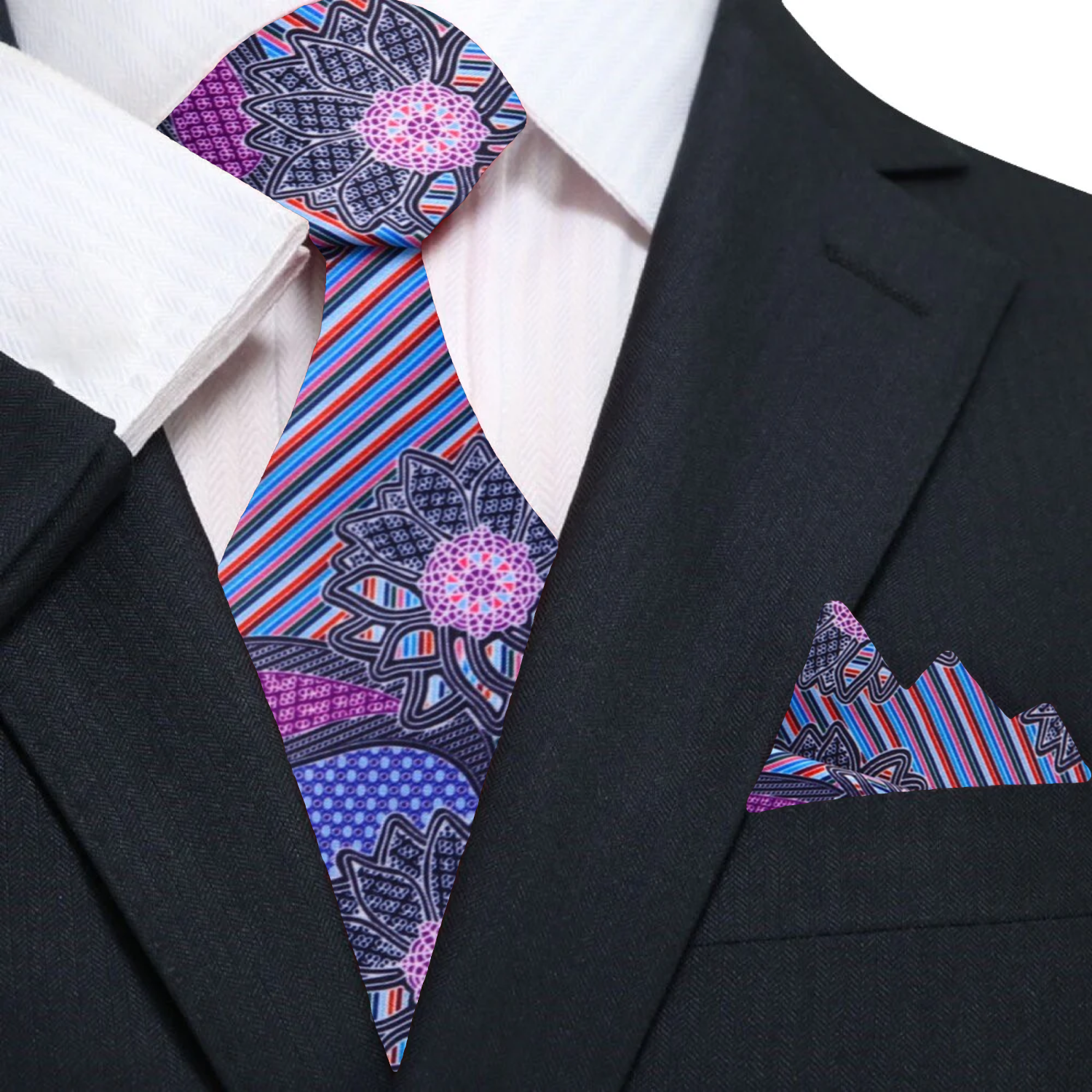 Styled silk tie paired with a white dress shirt and navy suit for a wedding