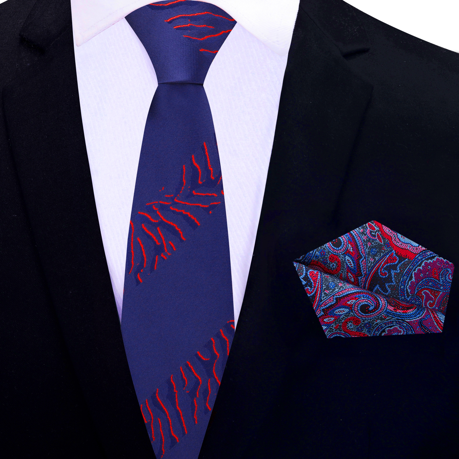 Close-up of the tiger print design on a silk necktie, showcasing vibrant red and deep blue colors