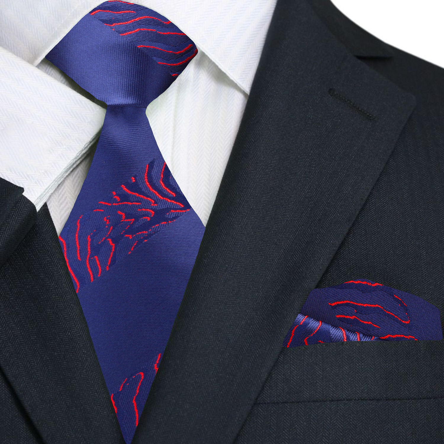 Front view of tiger print necktie with deep blue and red tiger pattern for formal and creative wear