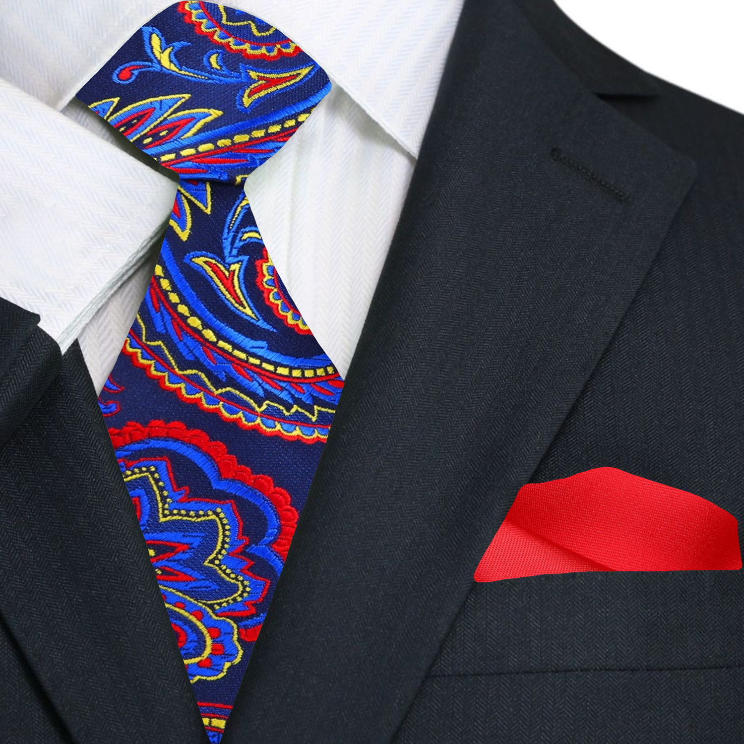 Man wearing stylish paisley necktie with navy suit at a formal event