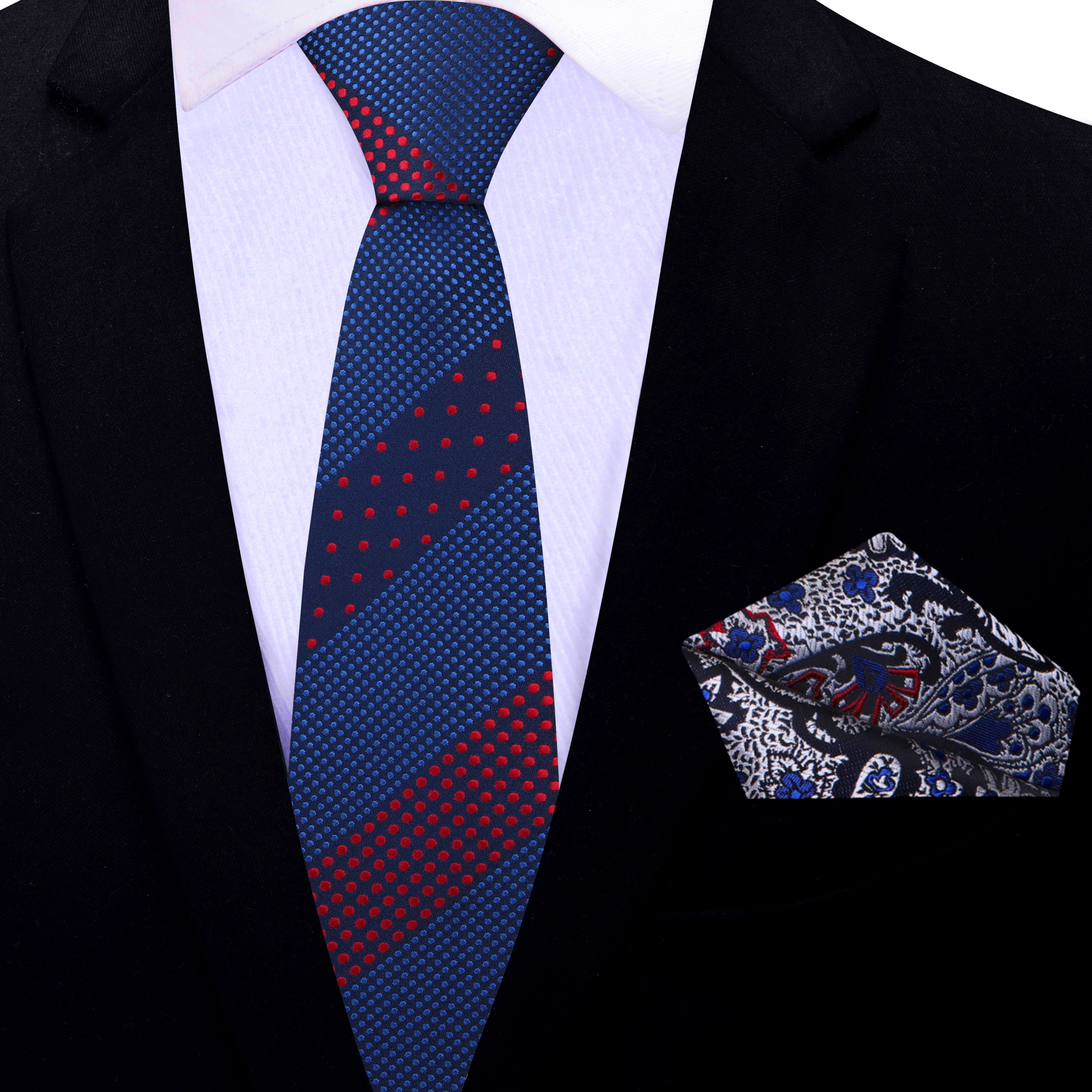 Stylish polka dot tie paired with navy suit for a business meeting