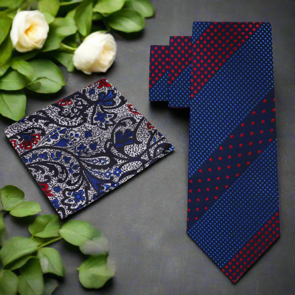 Close-up of a blue polka dot tie with red and white accents, suitable for formal occasions