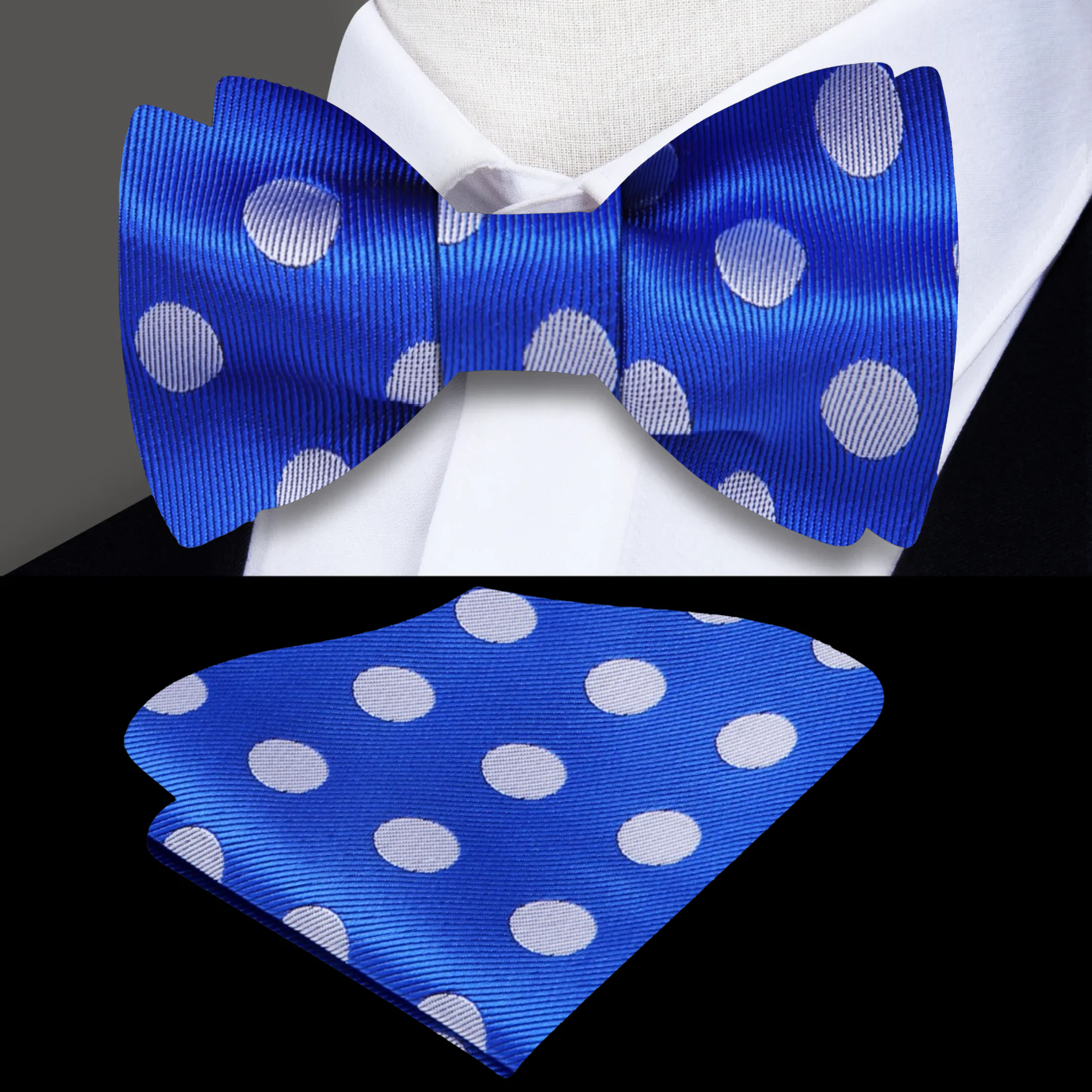 A stylish arrangement of various self-tie bow ties showcasing different polka dot patterns and colors.