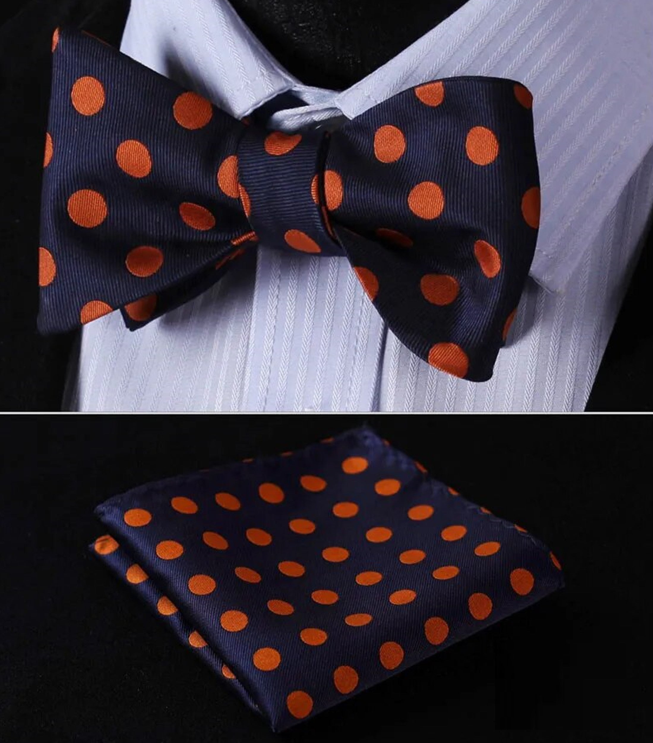 Polka dot bow tie worn with a navy suit, perfect for weddings and formal events.