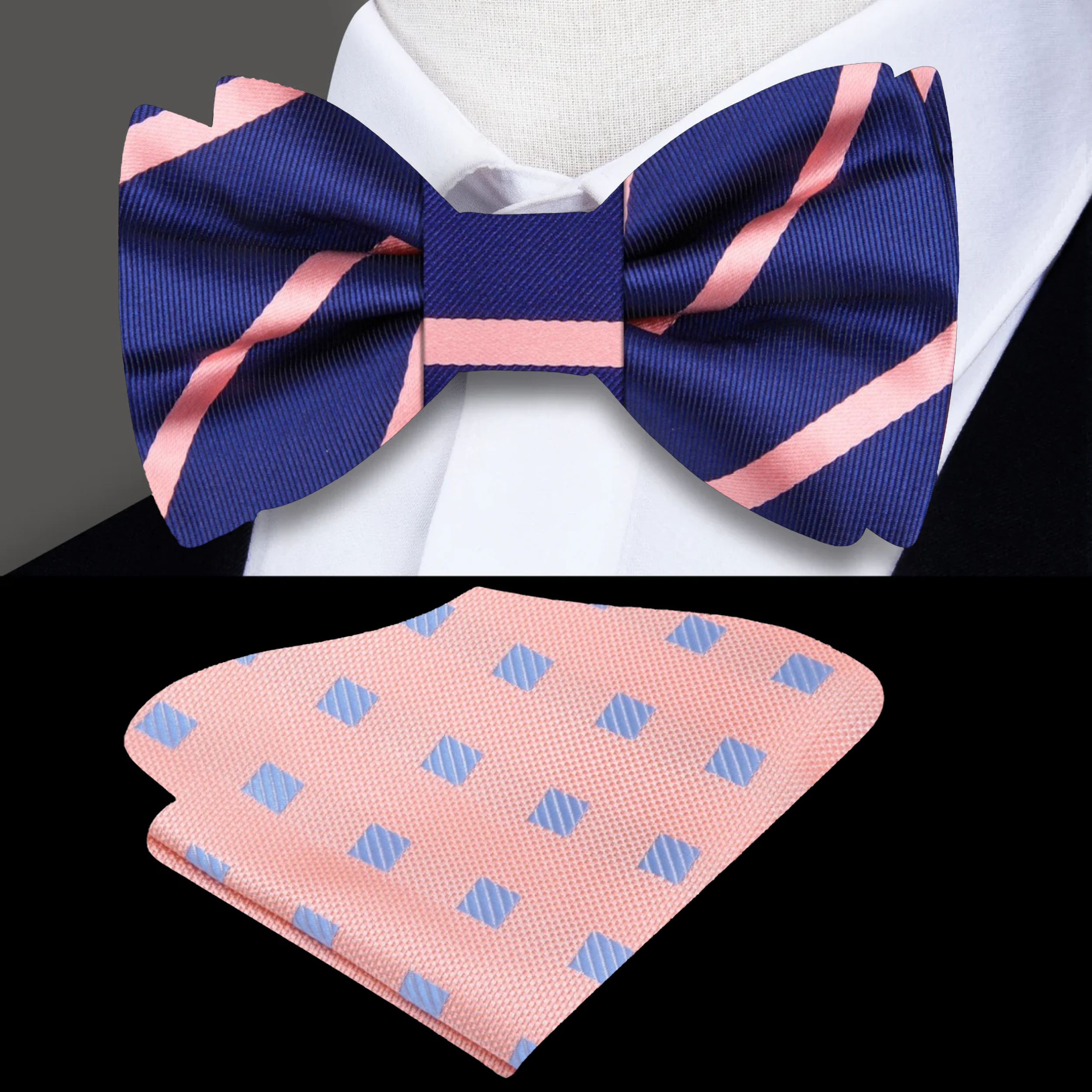 Model wearing a formal silk bow tie paired with a white shirt and dark suit