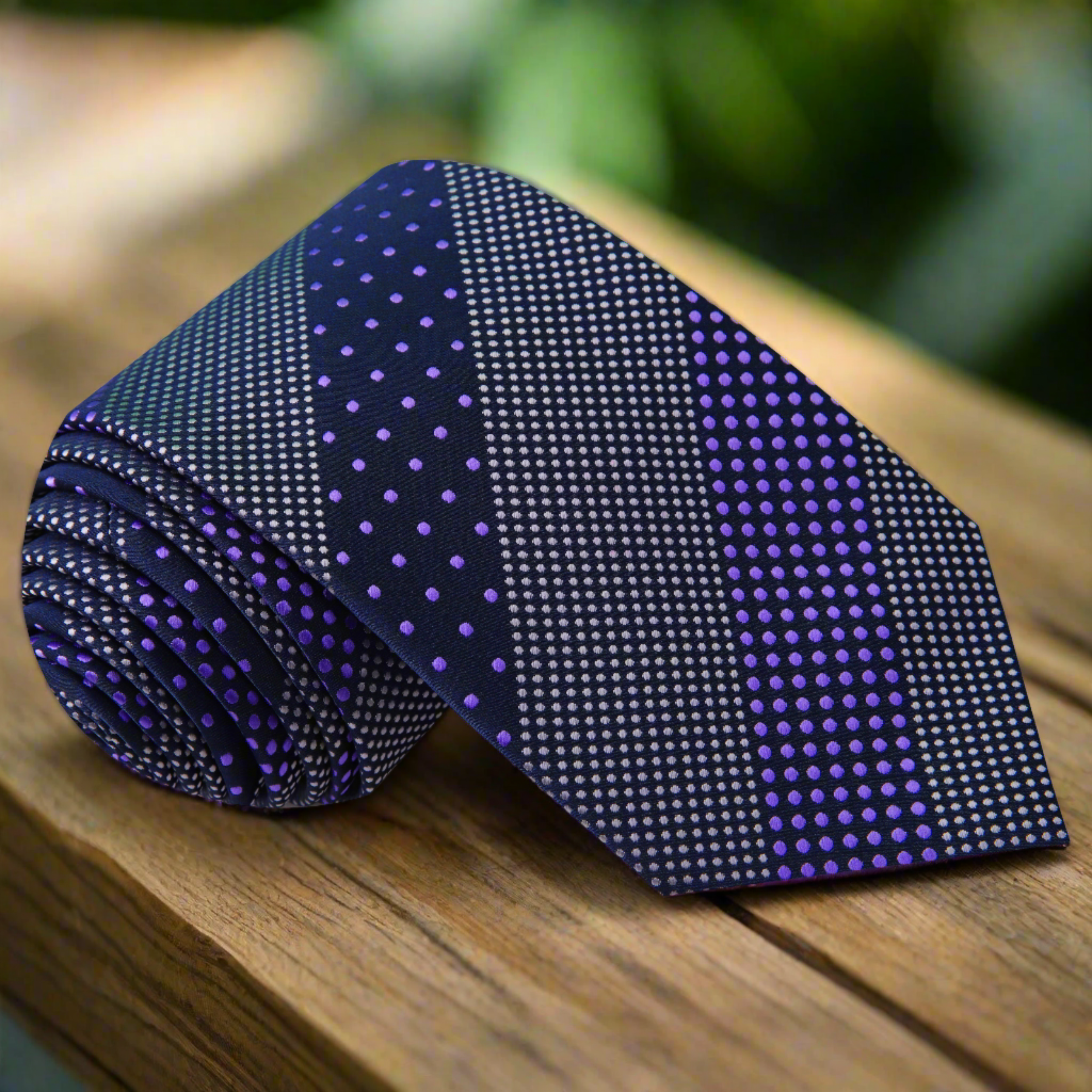 Elegant dark blue polka dot tie with purple accents displayed on a wooden surface, showcasing its sophisticated design.
