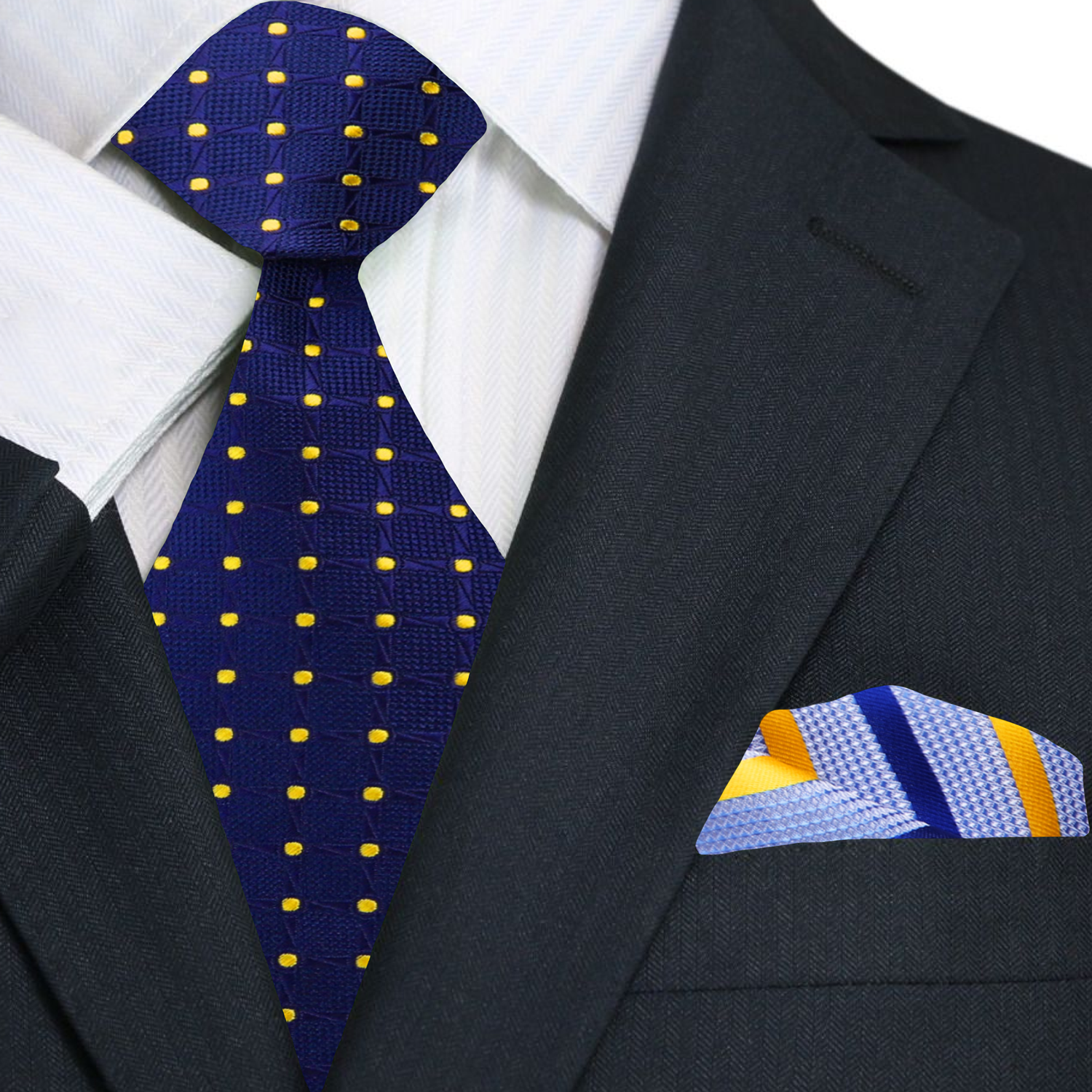 Model wearing a dark blue silk tie paired with a white dress shirt for a professional look