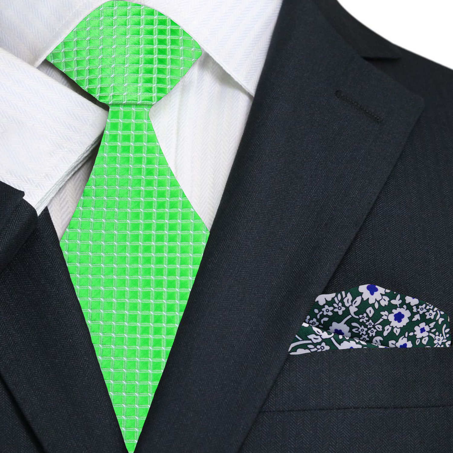 Man wearing a bright green mens tie with check pattern at outdoor summer wedding