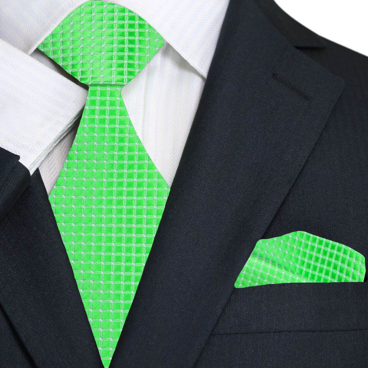 Man wearing a bright green mens tie with check pattern at outdoor summer wedding