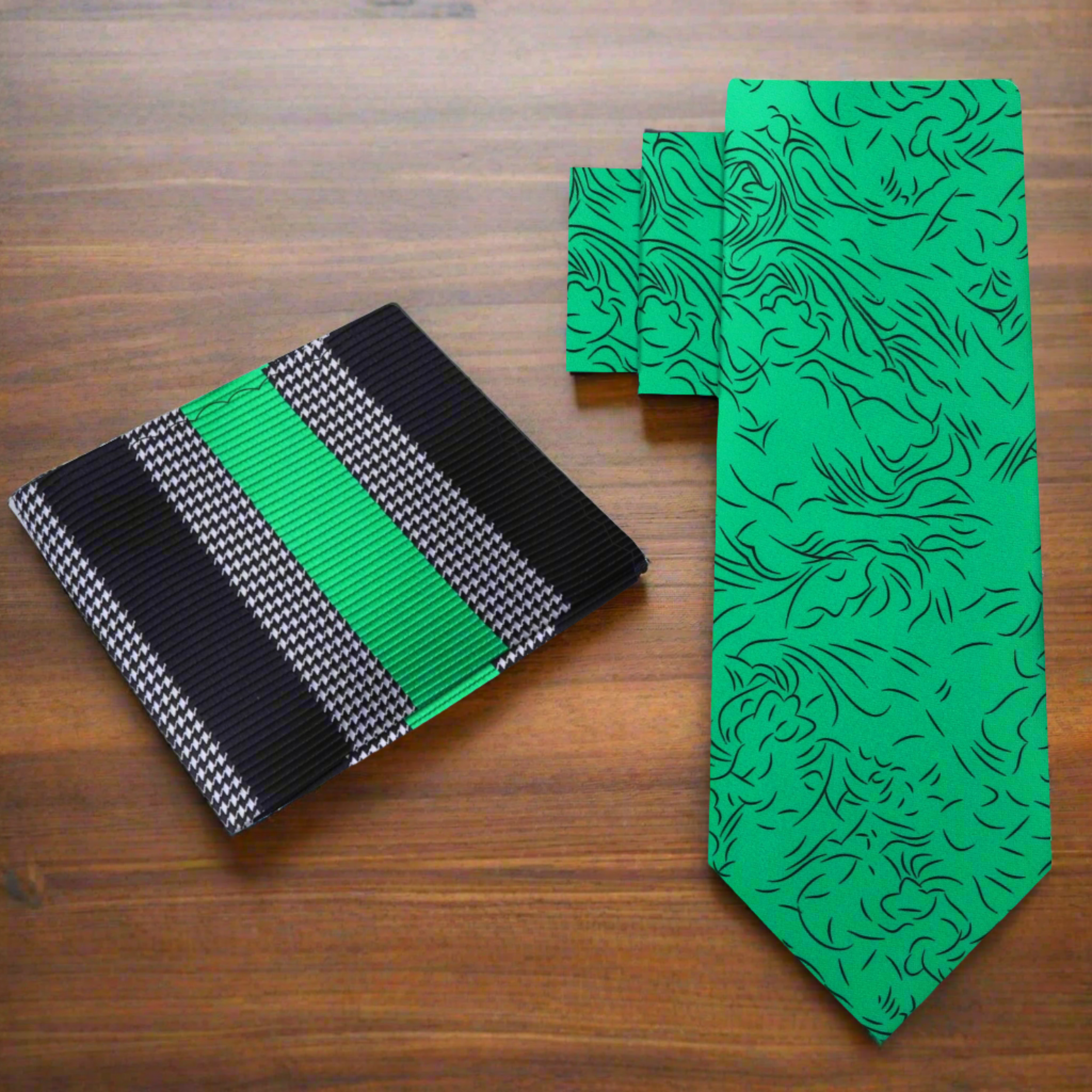 Man wearing a green silk necktie with abstract lines at a wedding