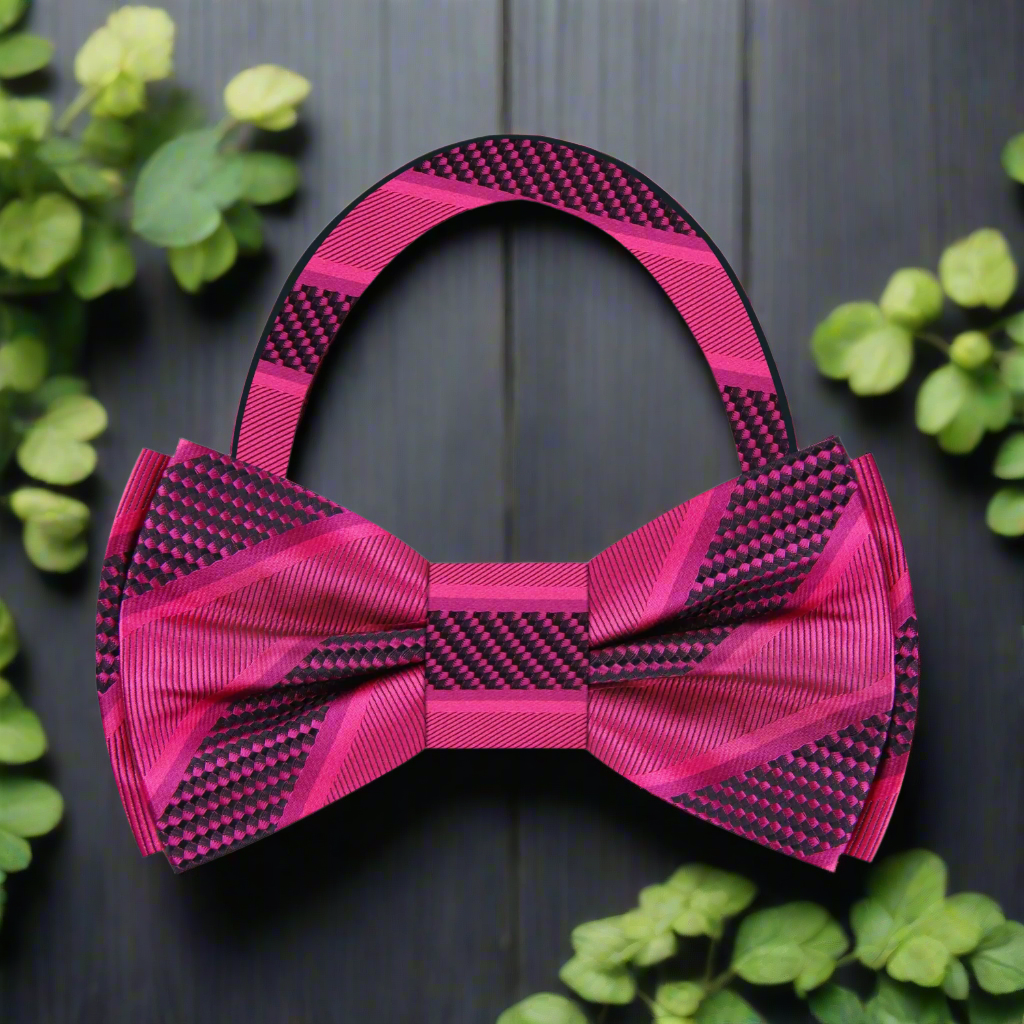 Close-up of the fabric pattern and texture of a yellow gold striped bow tie