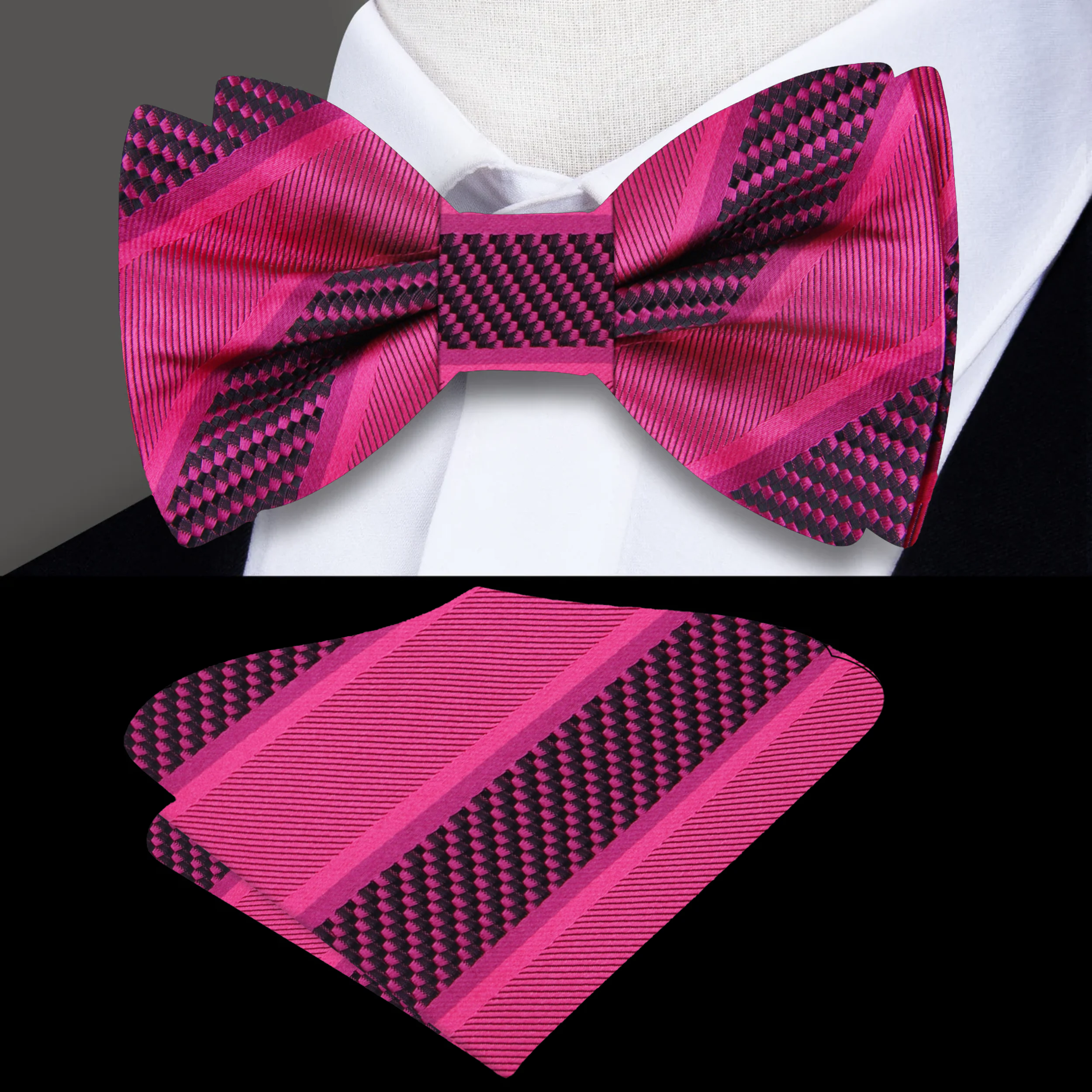 Front view of a stylish silk striped bow tie on a white background, highlighting its vibrant colors