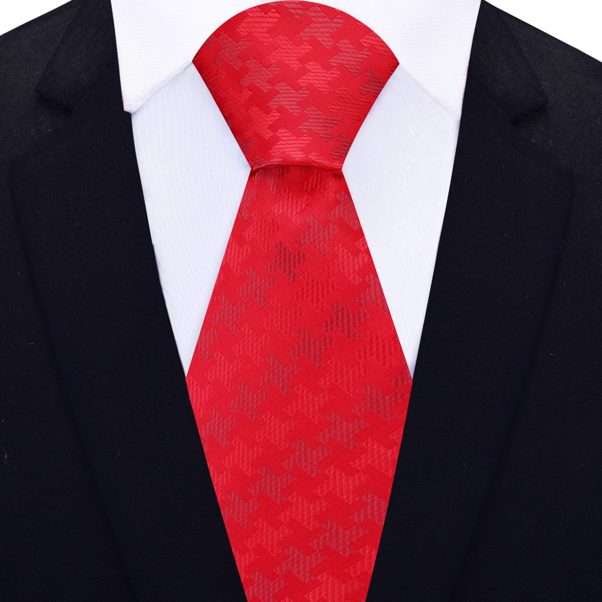 Elegance Red Houndstooth Silk Necktie styled with a navy suit and white shirt.