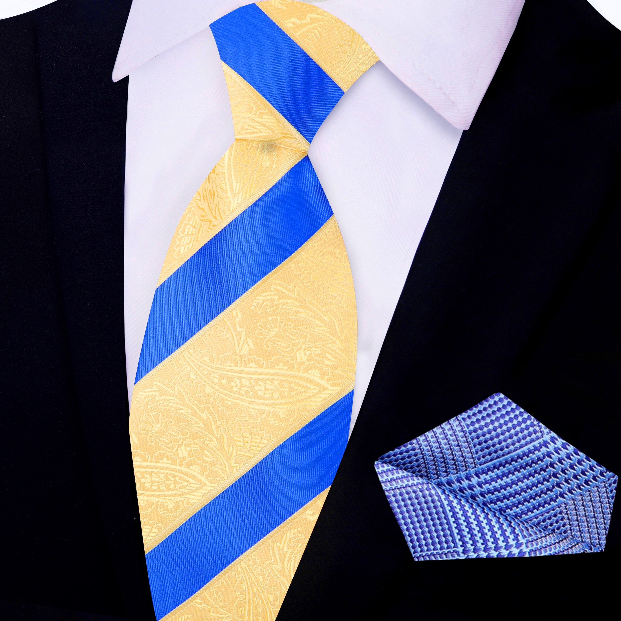 Styled look featuring the yellow paisley necktie with a matching pocket square.