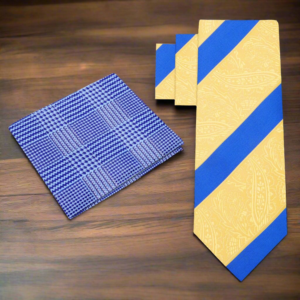 Styled look featuring the yellow paisley necktie with a matching pocket square.