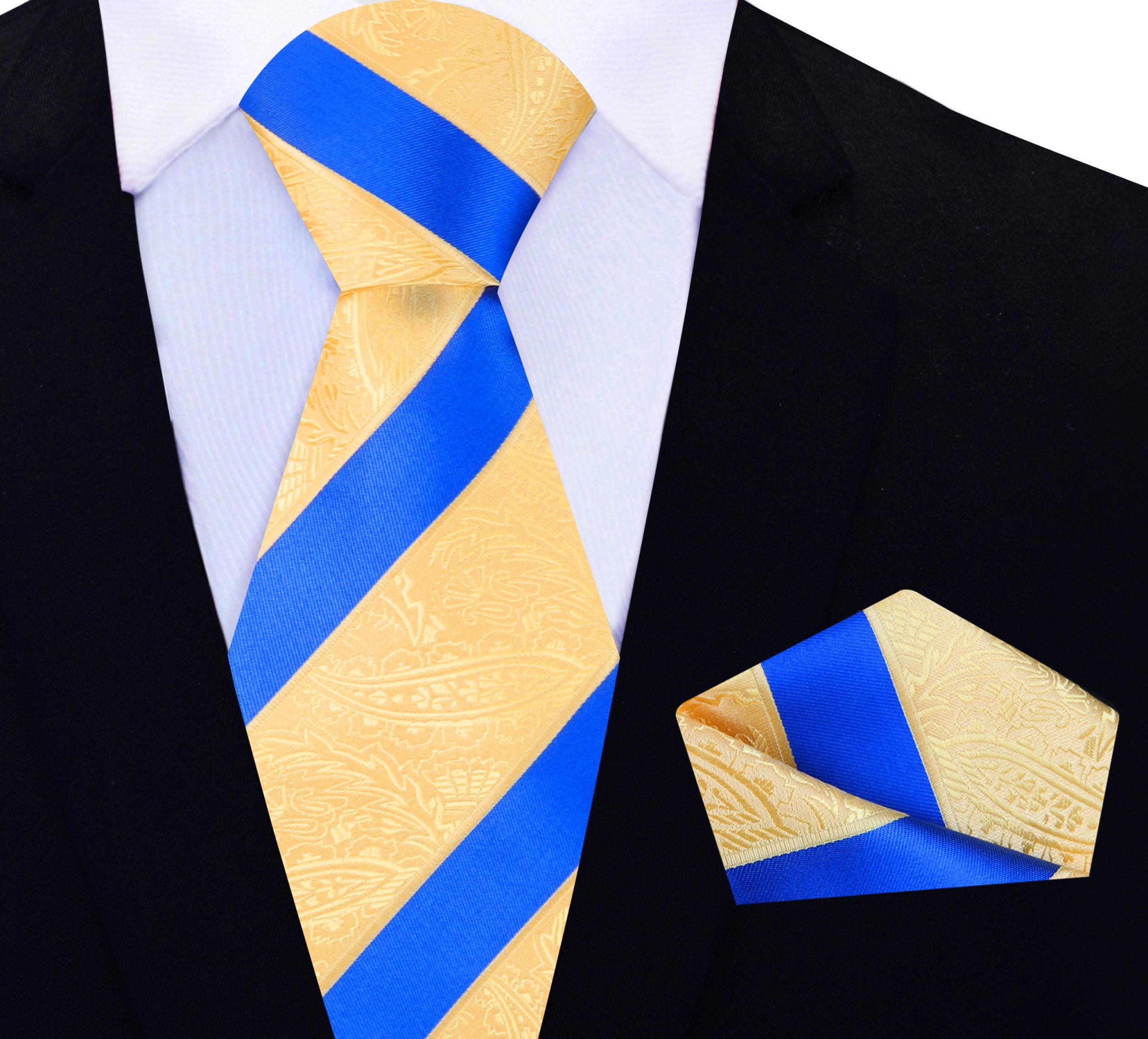 Styled look featuring the yellow paisley necktie with a matching pocket square.