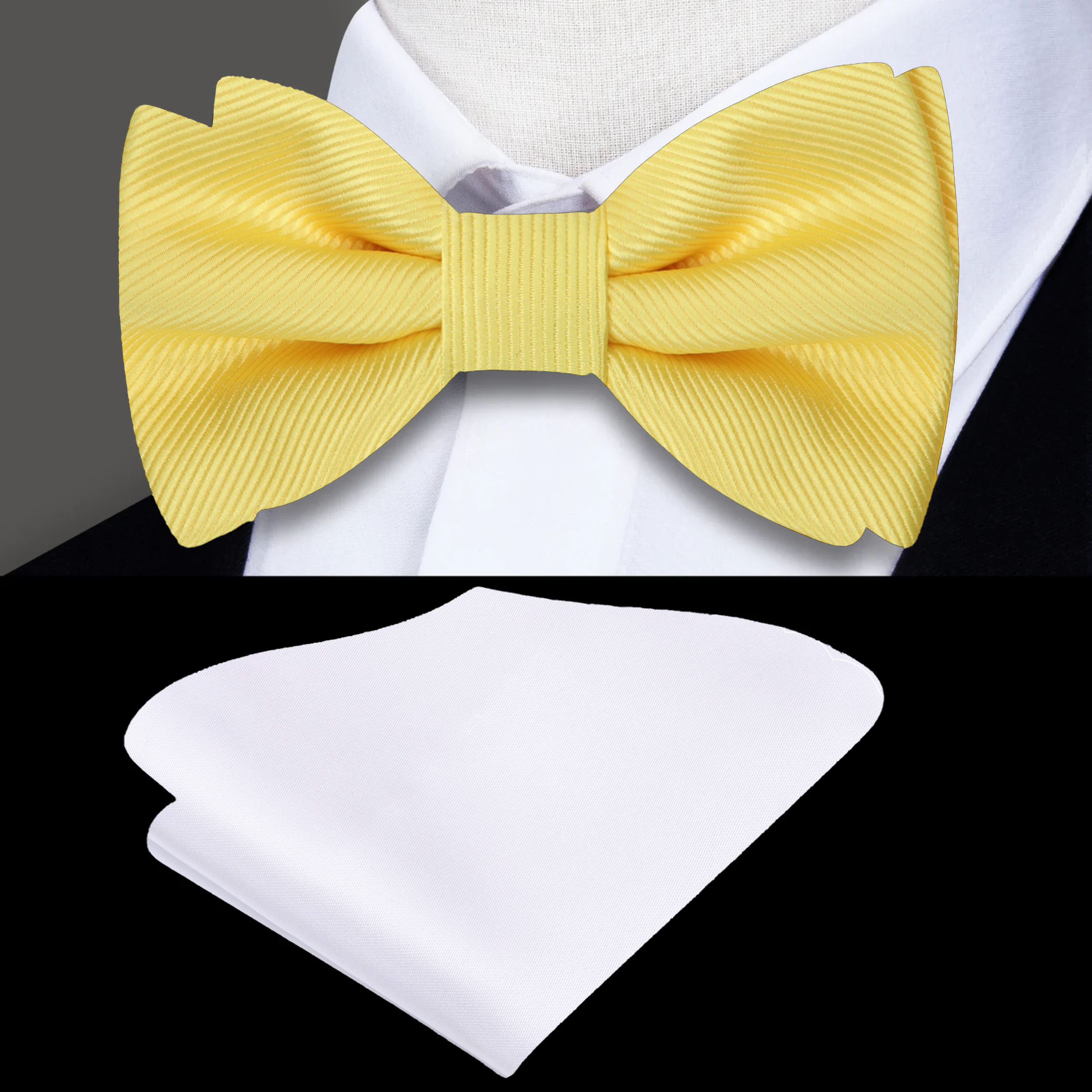 Vibrant yellow bow tie displayed against a crisp white shirt, showcasing its elegant design.