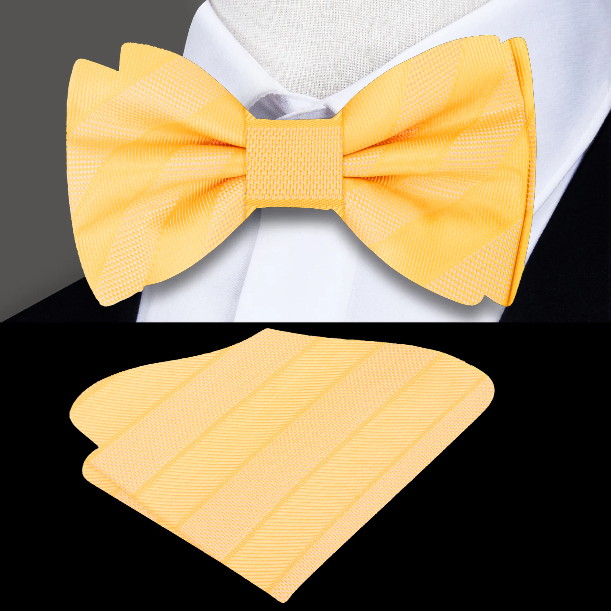 Front view of a stylish silk striped bow tie on a white background, highlighting its vibrant colors