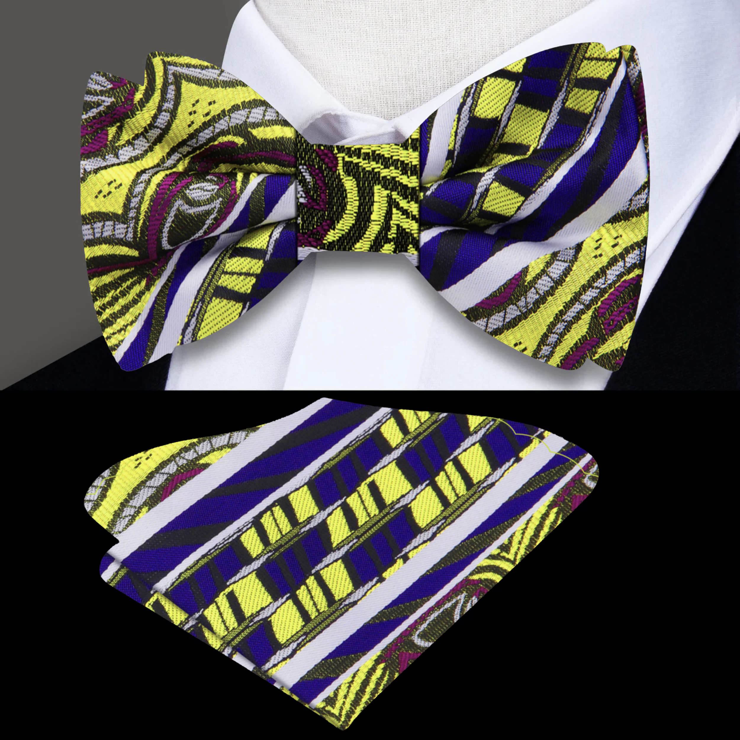 Close-up of the artistic batik bow tie featuring yellow, violet, and black accents.