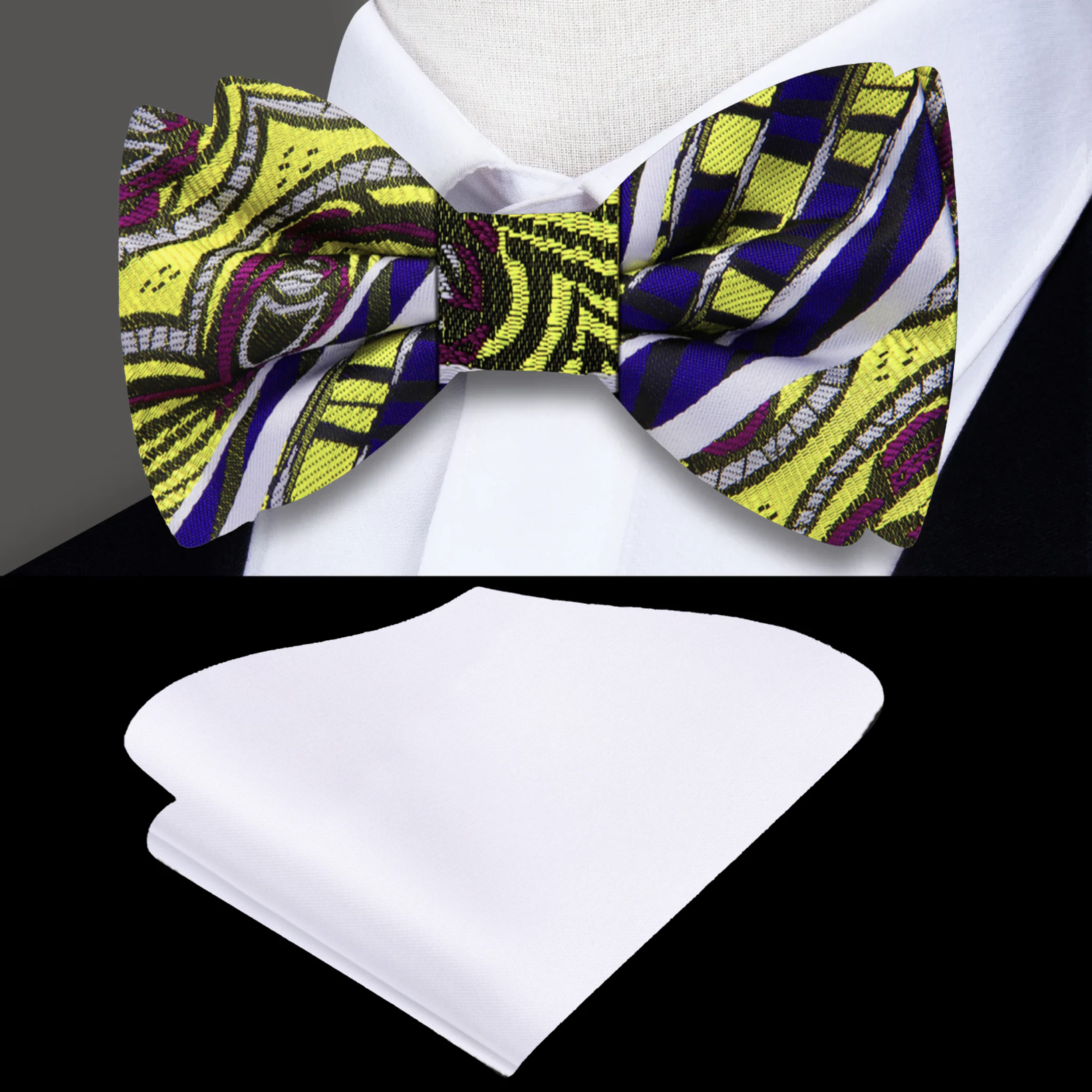 Bright yellow batik bow tie with abstract patterns, perfect for weddings and formal events.