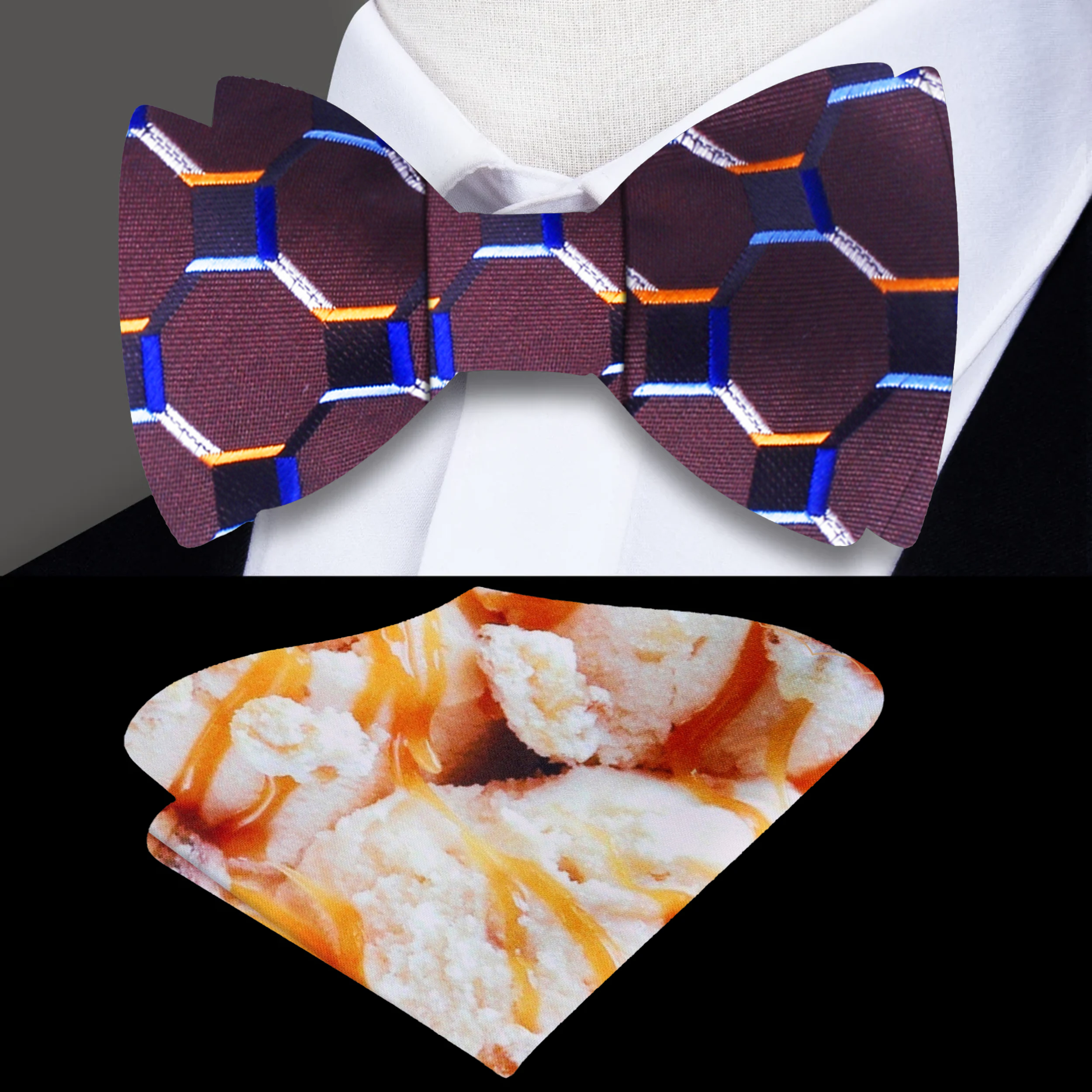 Front view of a 3D honeycomb pattern men's bow tie on a model