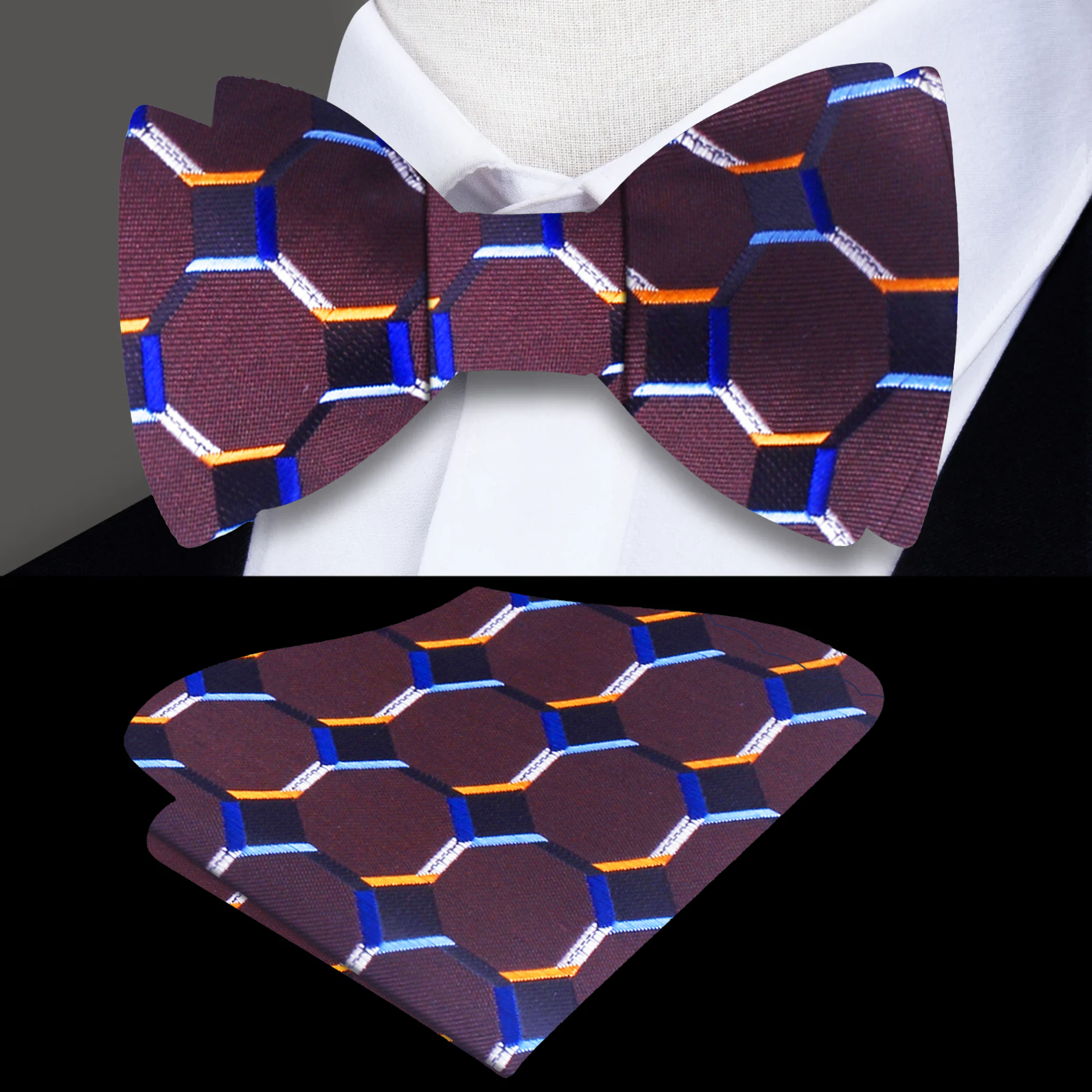 Detail shot showcasing textured geometric silk bow tie for formal wear