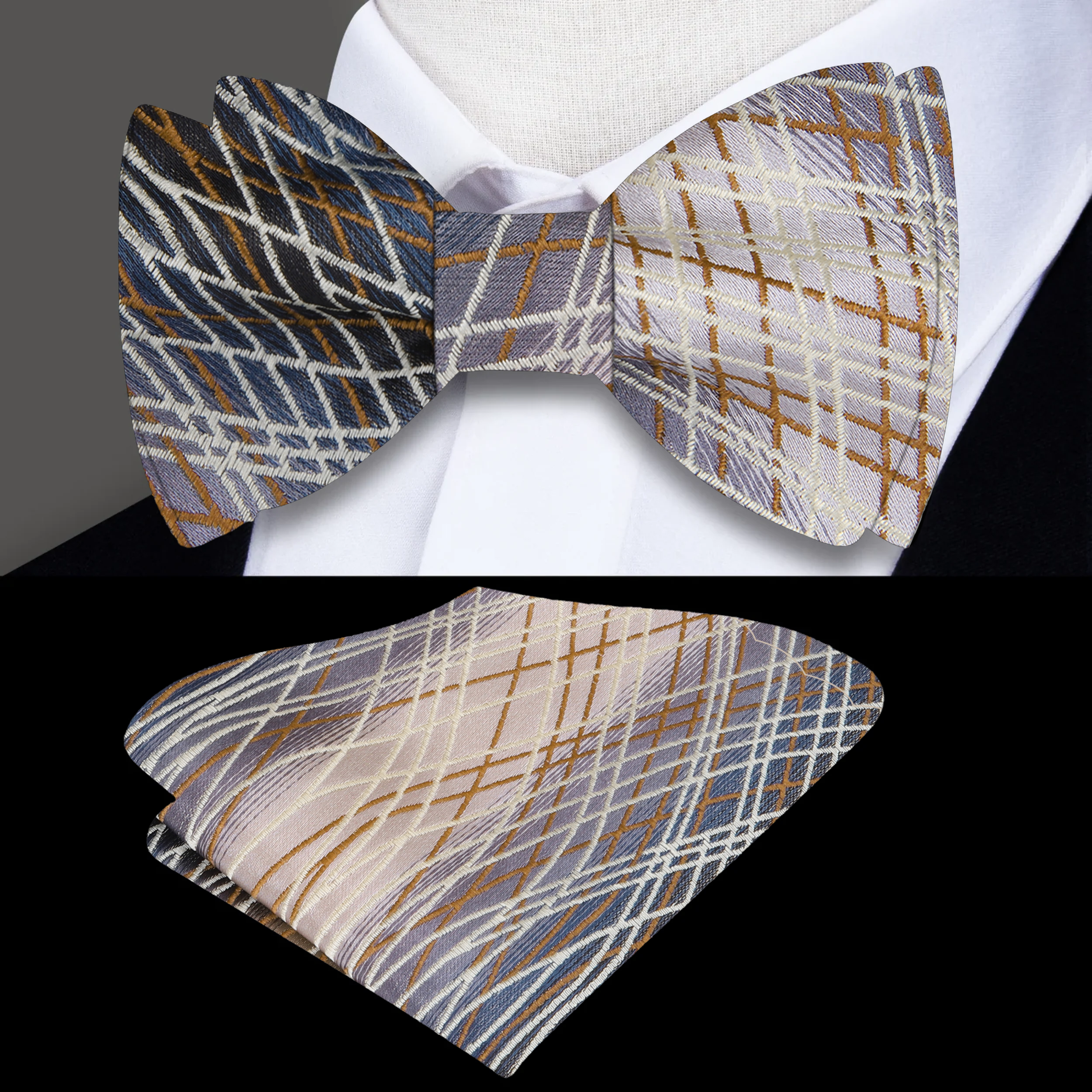 Close-up of brown abstract bow tie highlighting its intricate pattern and texture.